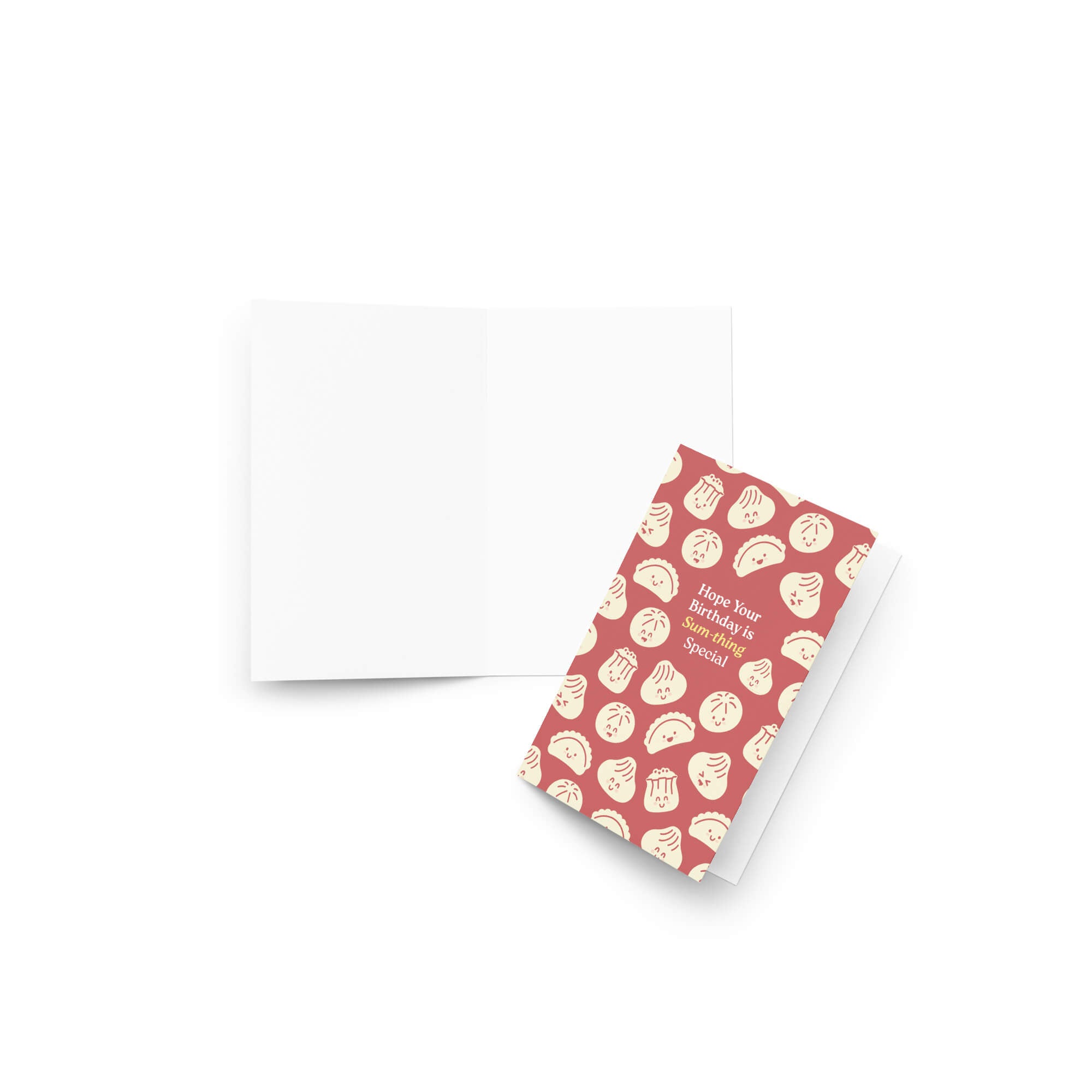 Red birthday card with pizza pattern on a white background