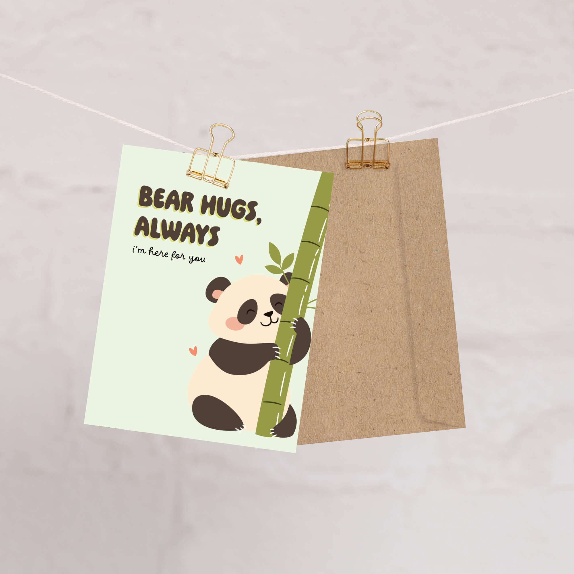 Notebook with a panda illustration and 'Bear Hugs, Always' text on a light pink background