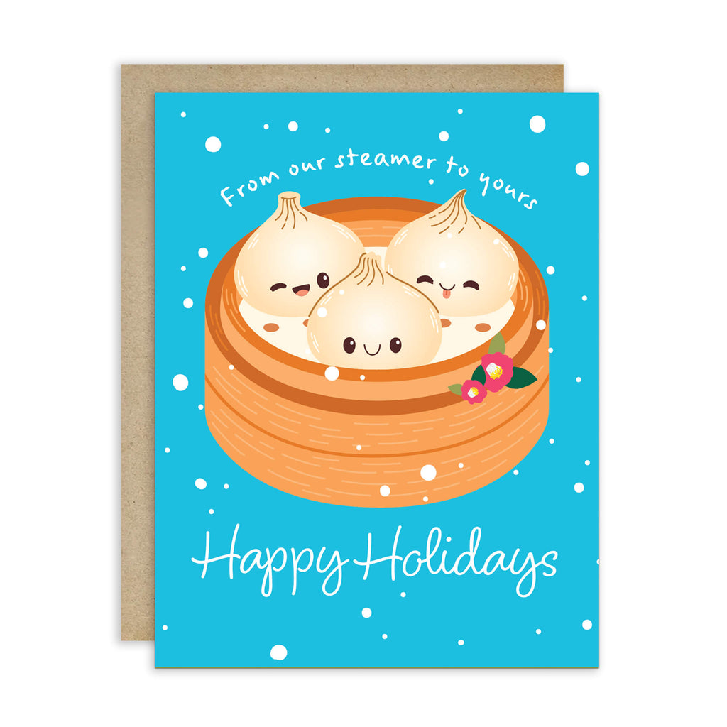 cute christmas greeting card with Three cute soup dumplings in bamboo steamer on teal snow with “From our steamer to yours. Happy Holidays.”
