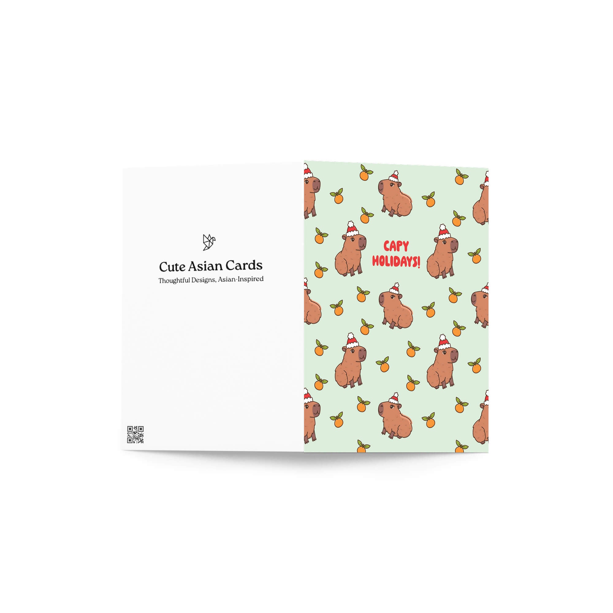 cute christmas card with Repeating pattern of capybaras in Santa hats with small oranges on a pale green background. Text reads a pun: “Capy Holidays.”