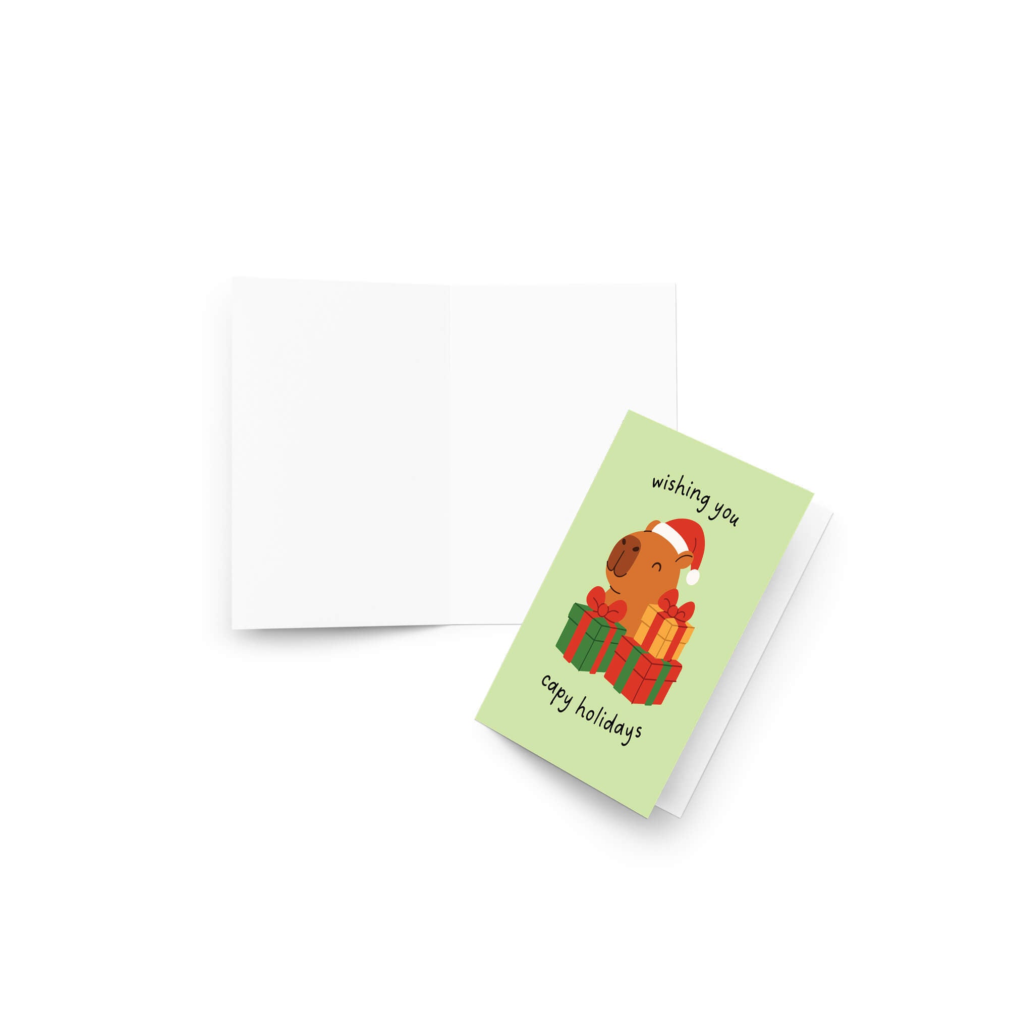 cute unique Christmas card with a capybara wearing a Santa hat and surrounded by presents on a light green background with text pun: wishing you capy holidays