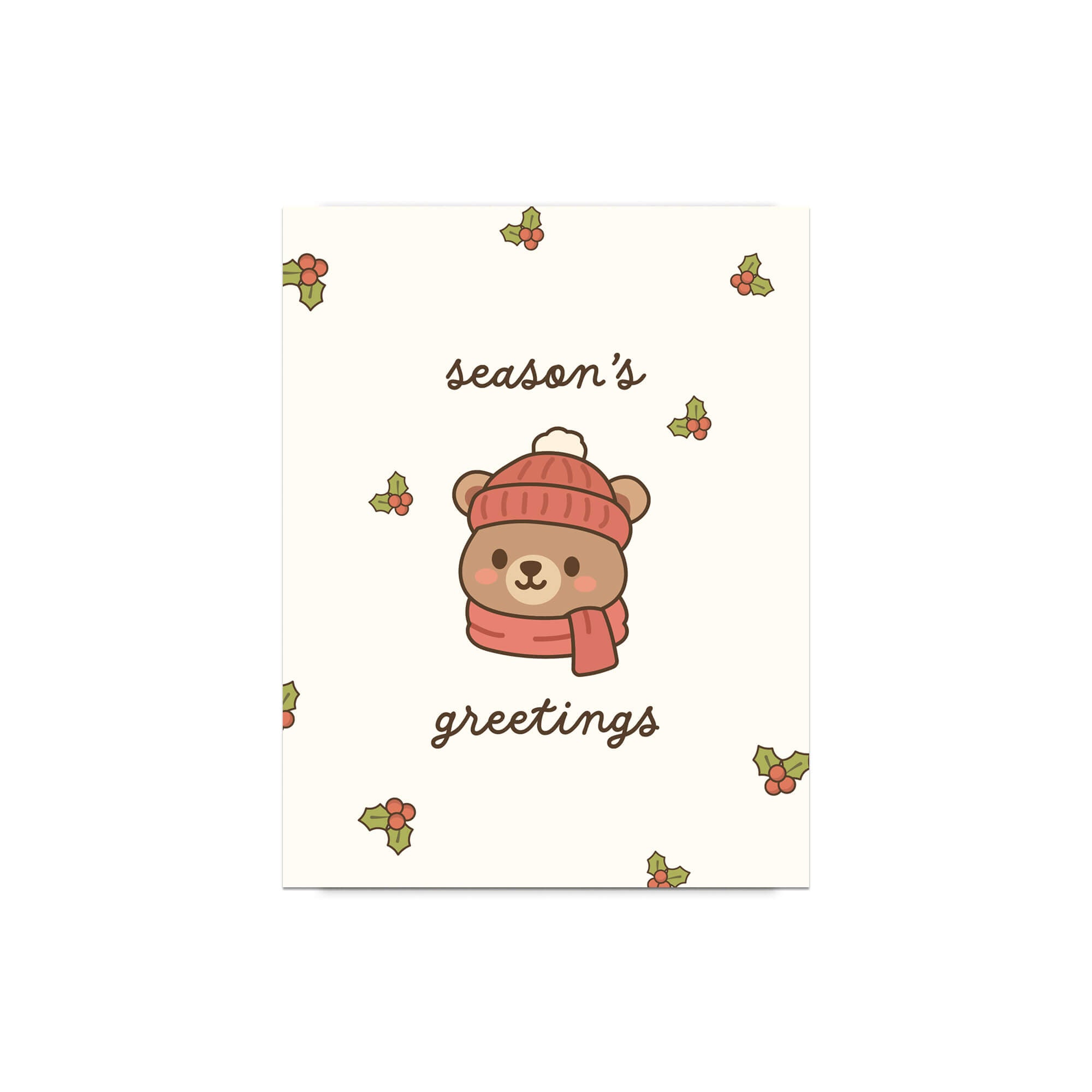 cute Christmas card with a bear wearing a pink hat and scarf, surrounded by holly leaves and berries with text: season's greetings