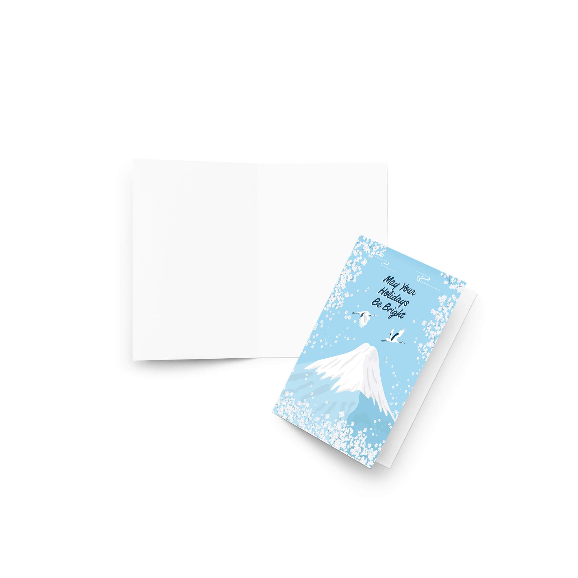japanese christmas card with a winter snowy Mount Fuji with cranes and white cherry blossoms; text “May Your Holidays Be Bright.”