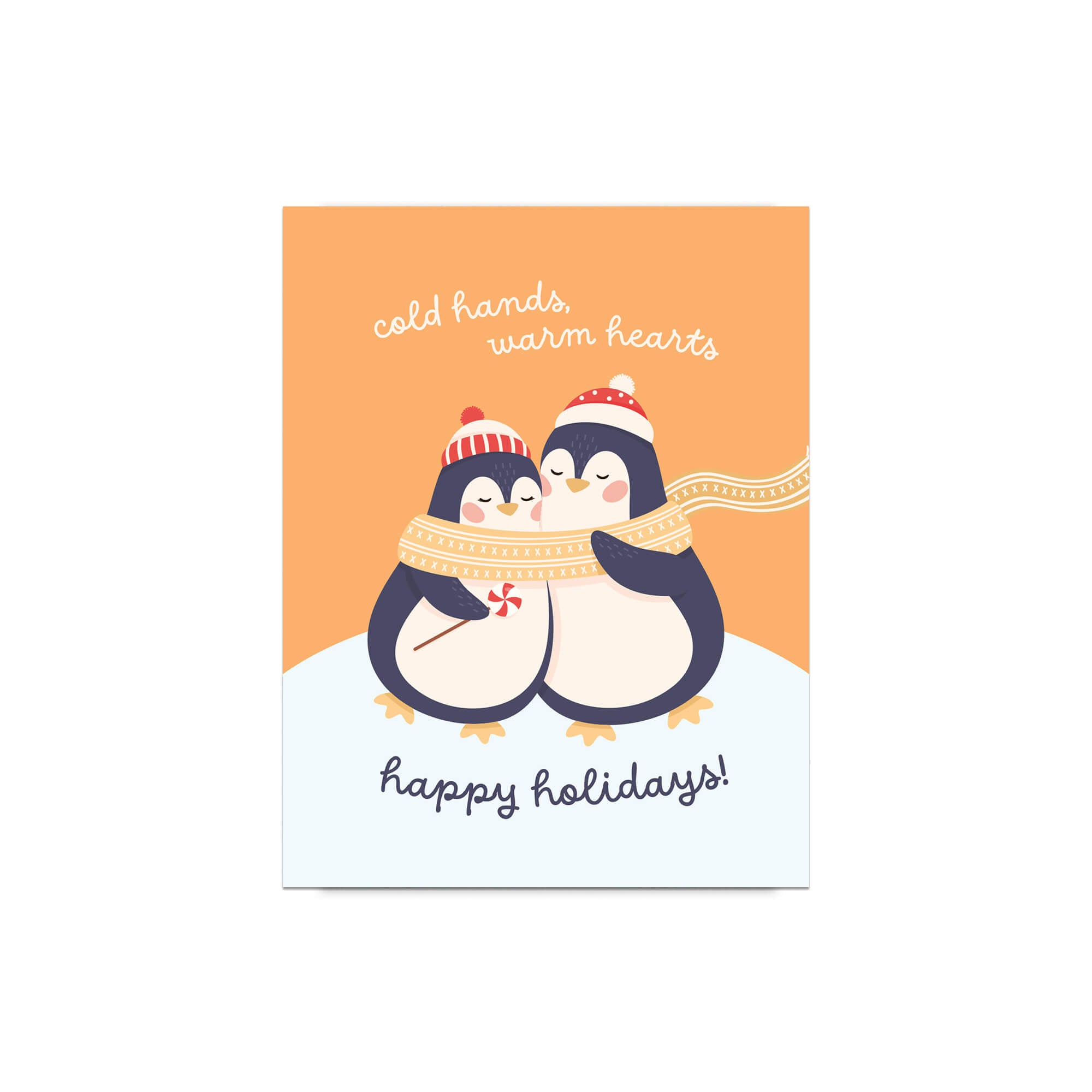 unique holiday card with two penguins hugging, wearing scarves and hats, on an orange background with text "Two penguins in knit hats sharing a scarf; text “cold hands, warm hearts — happy holidays!”"