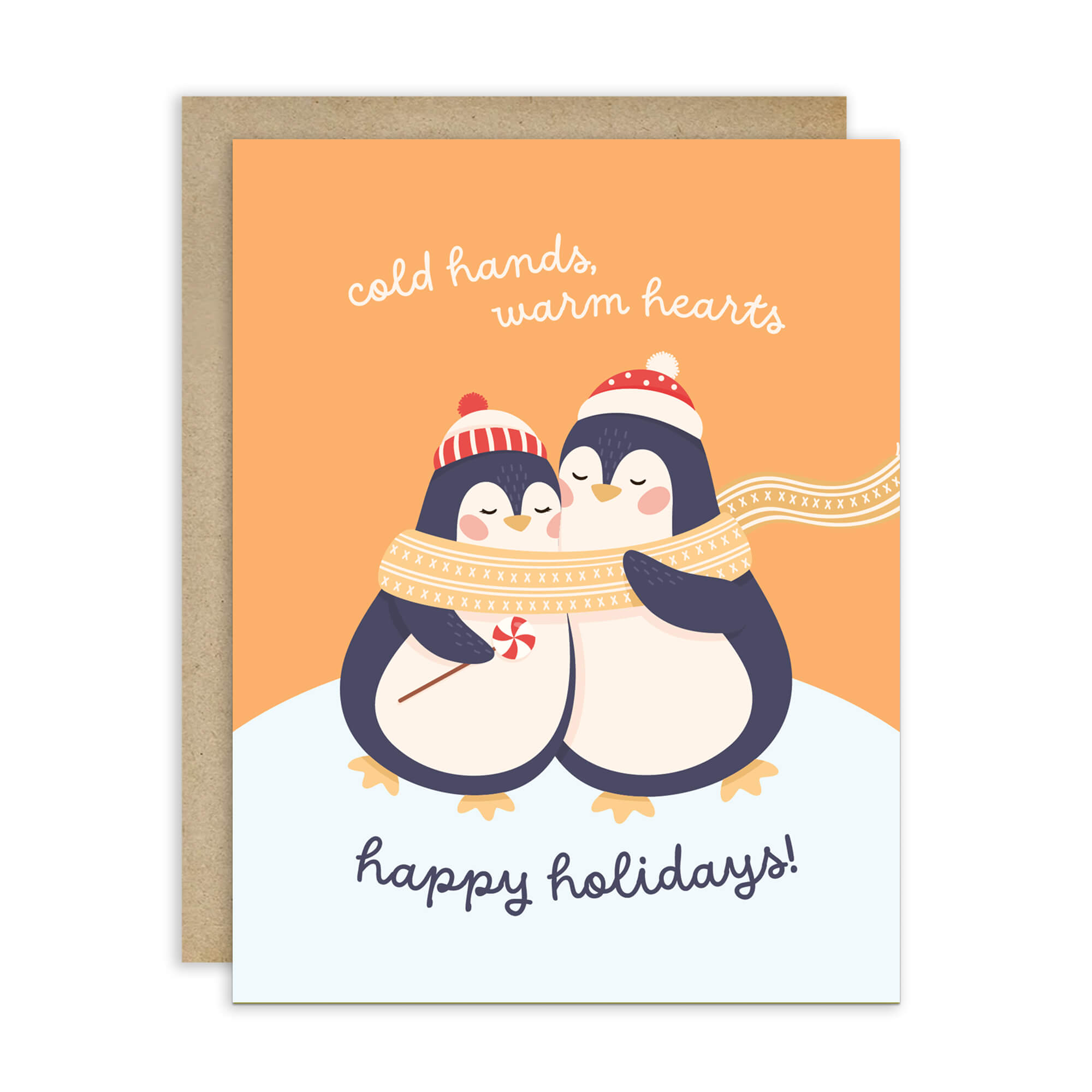 unique holiday card with two penguins hugging, wearing scarves and hats, on an orange background with text "Two penguins in knit hats sharing a scarf; text “cold hands, warm hearts — happy holidays!”"