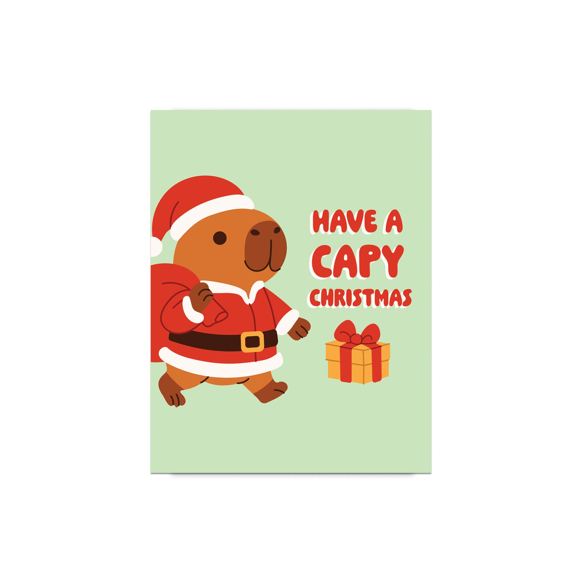 cute unique Christmas card with a capybara in a Santa outfit and text 'Have a Capy Christmas' on a light green background.