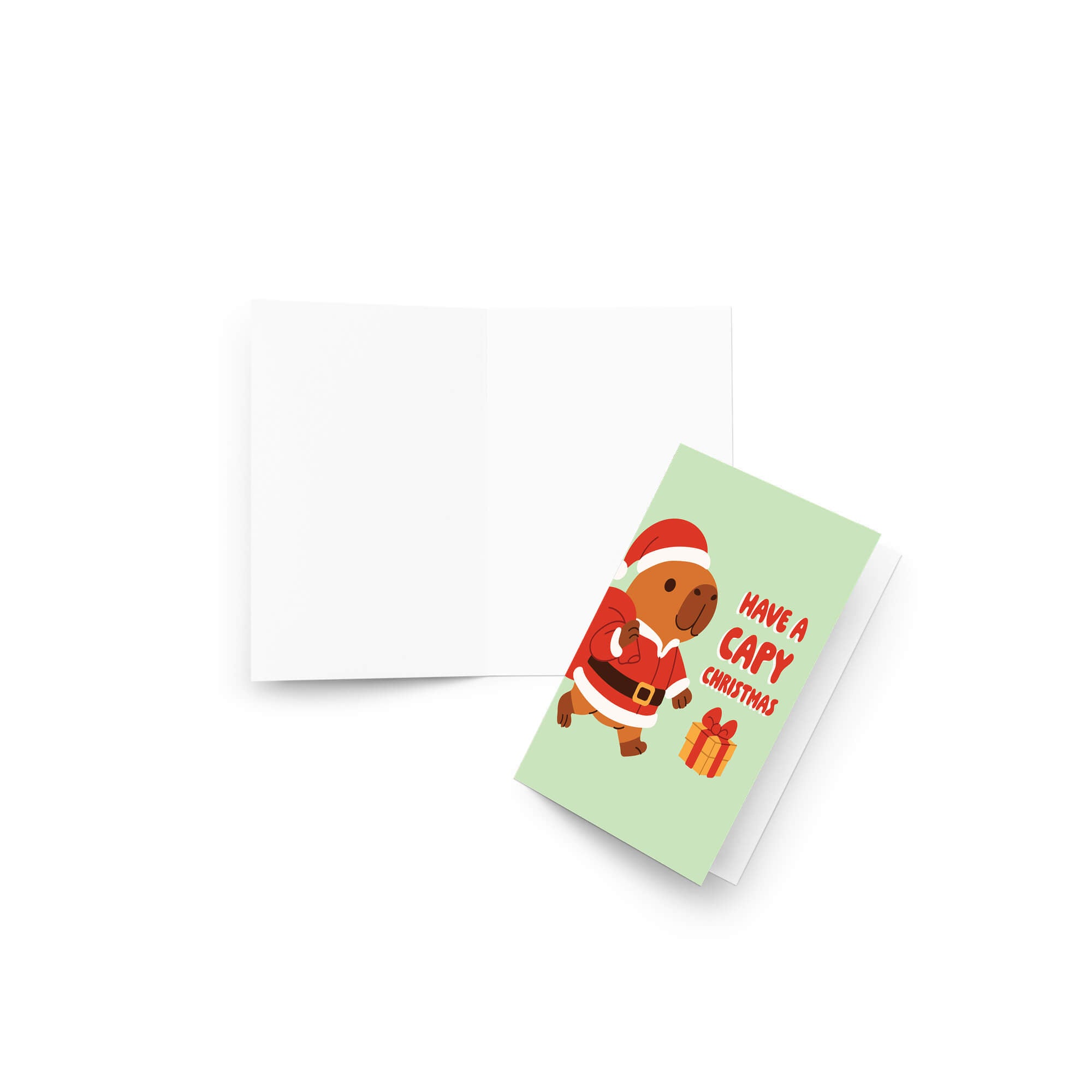 cute unique Christmas card with a capybara in a Santa outfit and text 'Have a Capy Christmas' on a light green background.