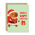 cute unique Christmas card with a capybara in a Santa outfit and text 'Have a Capy Christmas' on a light green background.