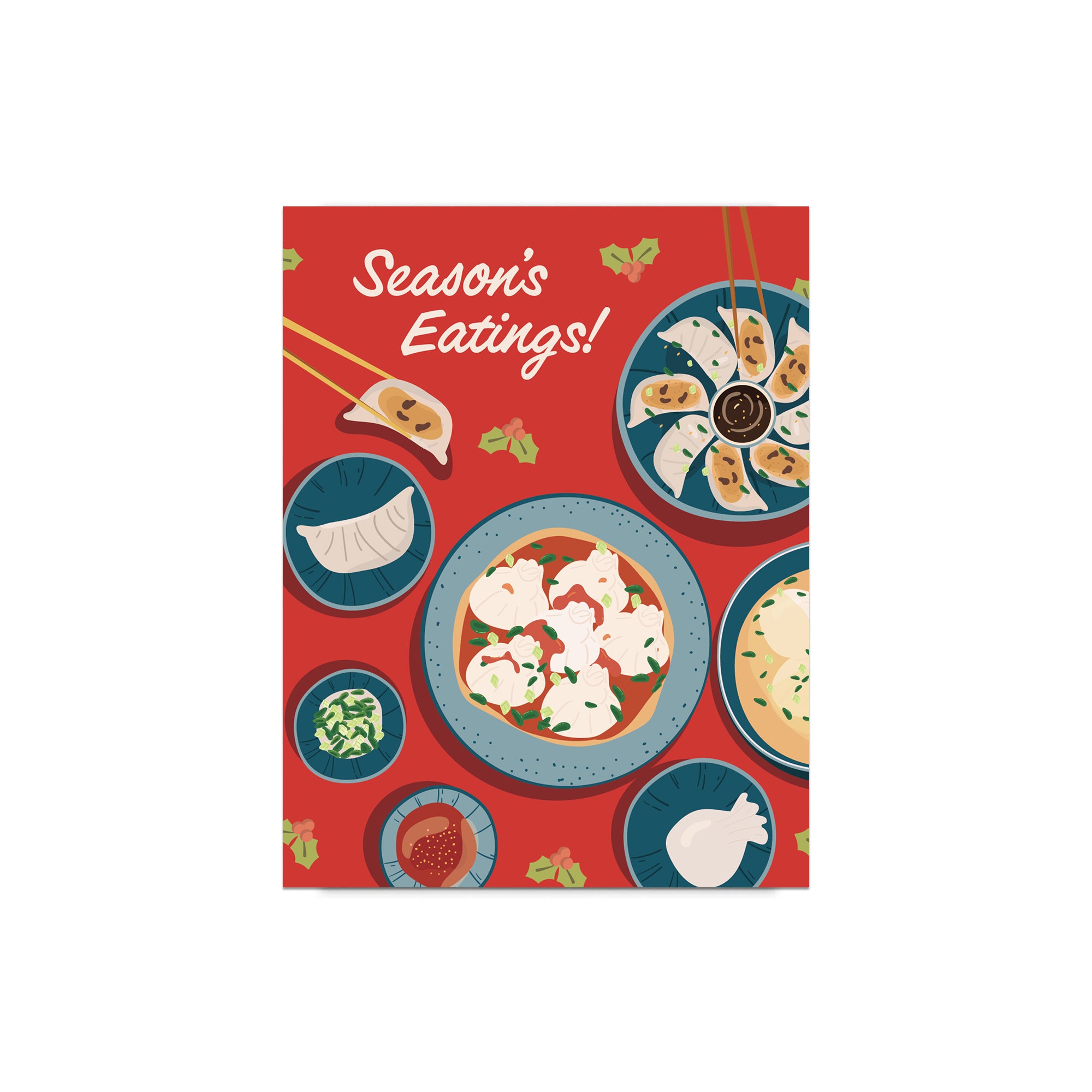 cute christmas card showing a red table with plates of dumplings and sauces, text “Season’s Eatings!”