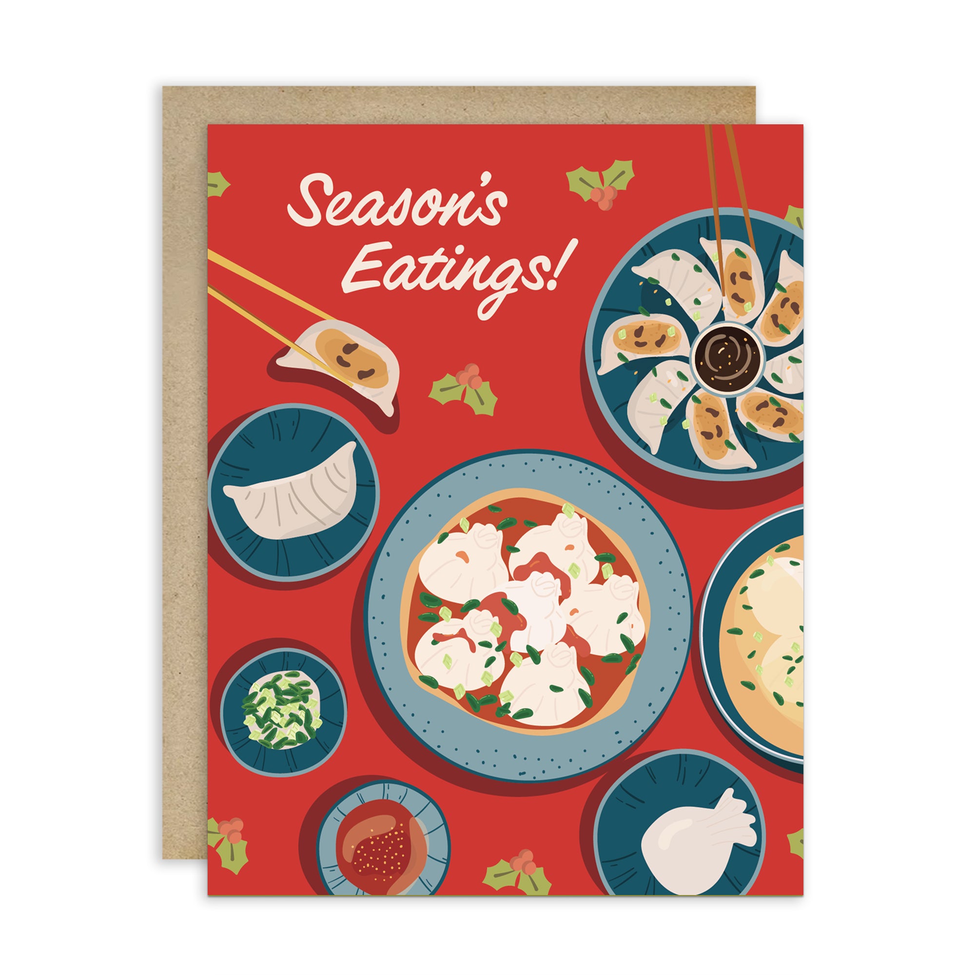 cute christmas card showing a red table with plates of dumplings and sauces, text “Season’s Eatings!”
