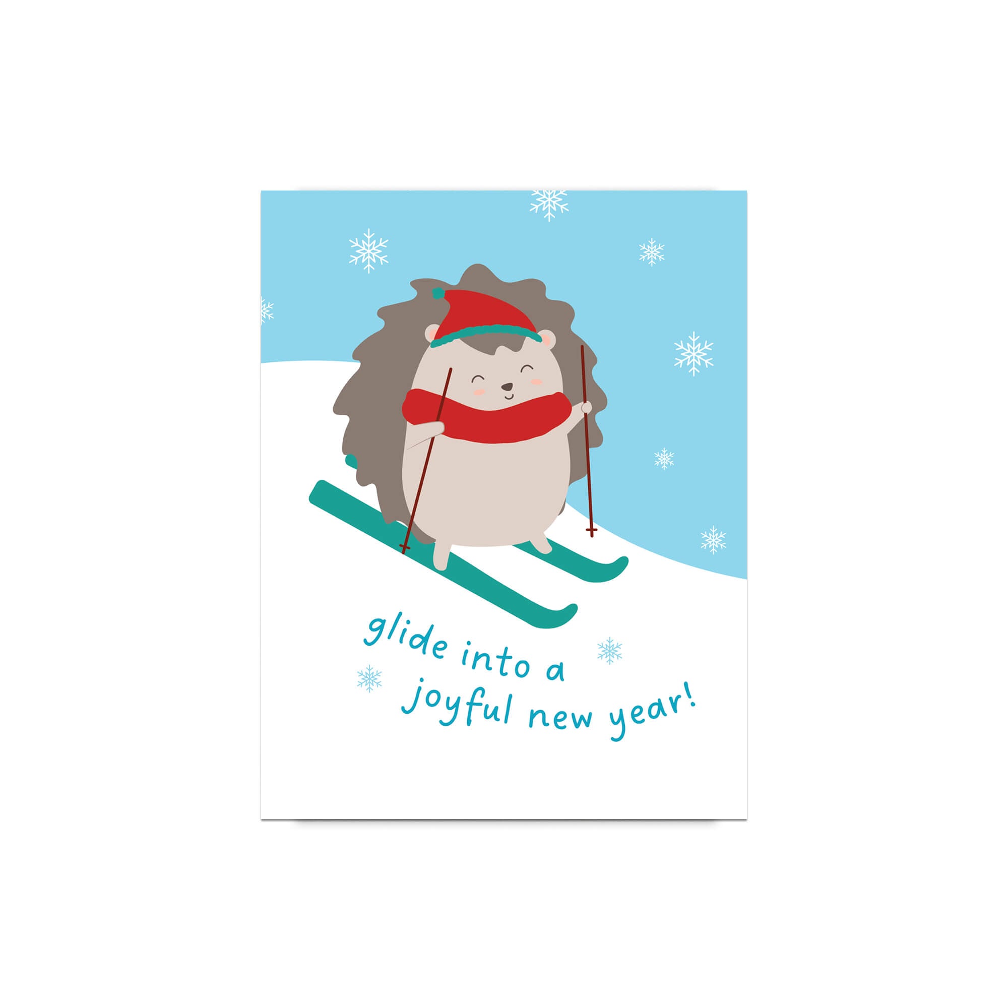 cute unique christmas Greeting card with a hedgehog skiing and text 'glide into a joyful new year!' on a snowy background.