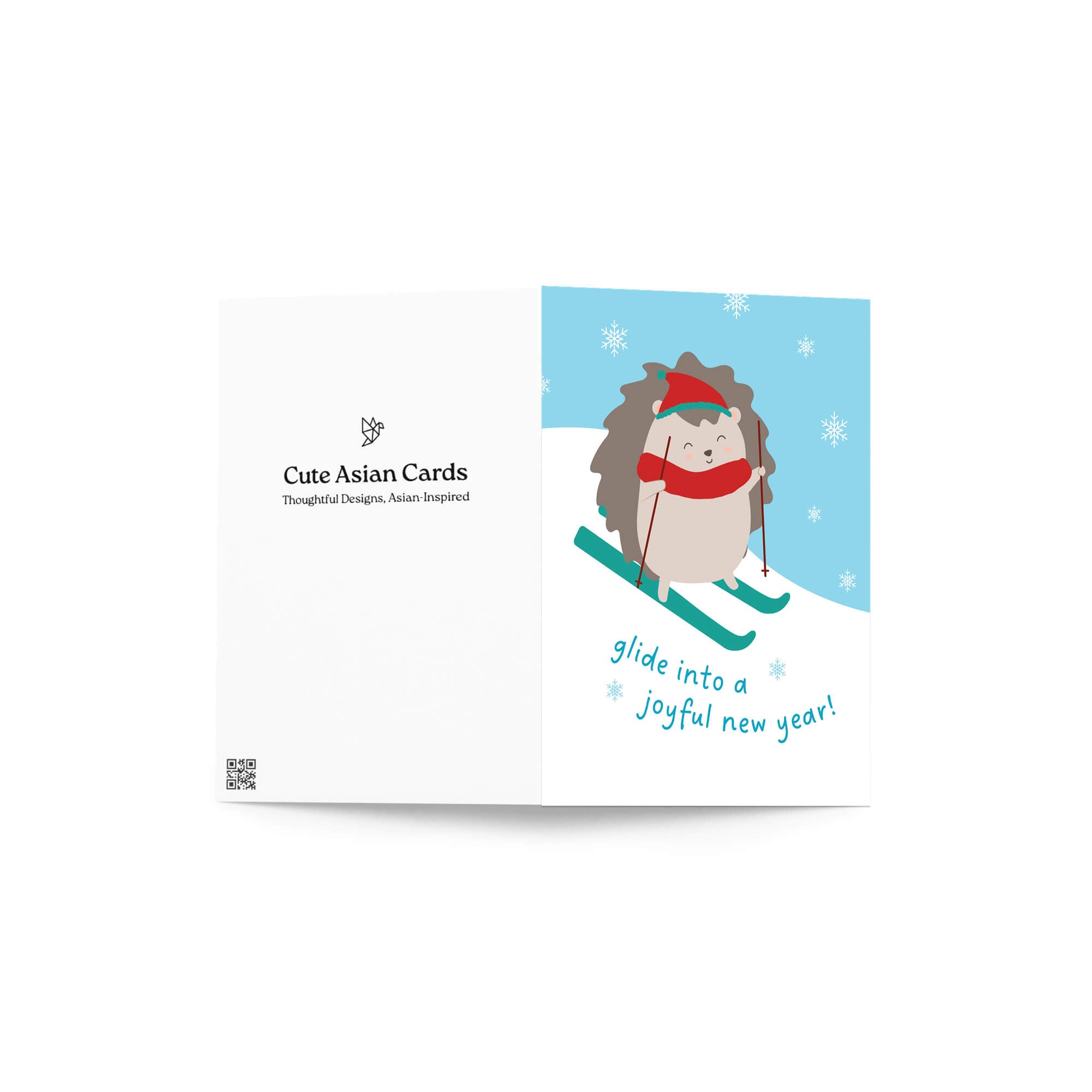 cute unique christmas Greeting card with a hedgehog skiing and text 'glide into a joyful new year!' on a snowy background.