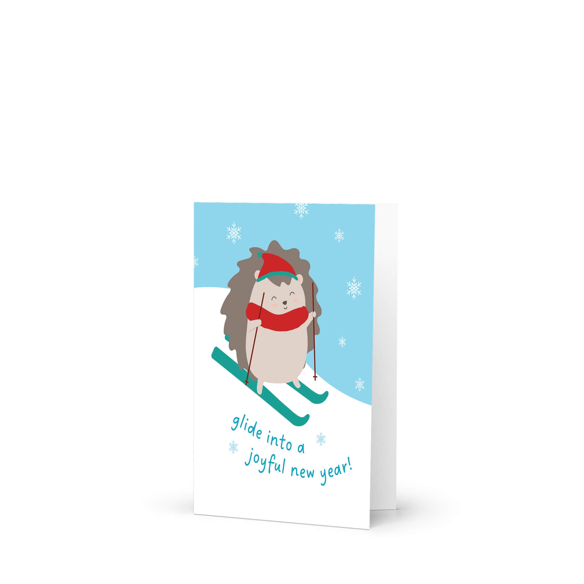 cute unique christmas Greeting card with a hedgehog skiing and text 'glide into a joyful new year!' on a snowy background.