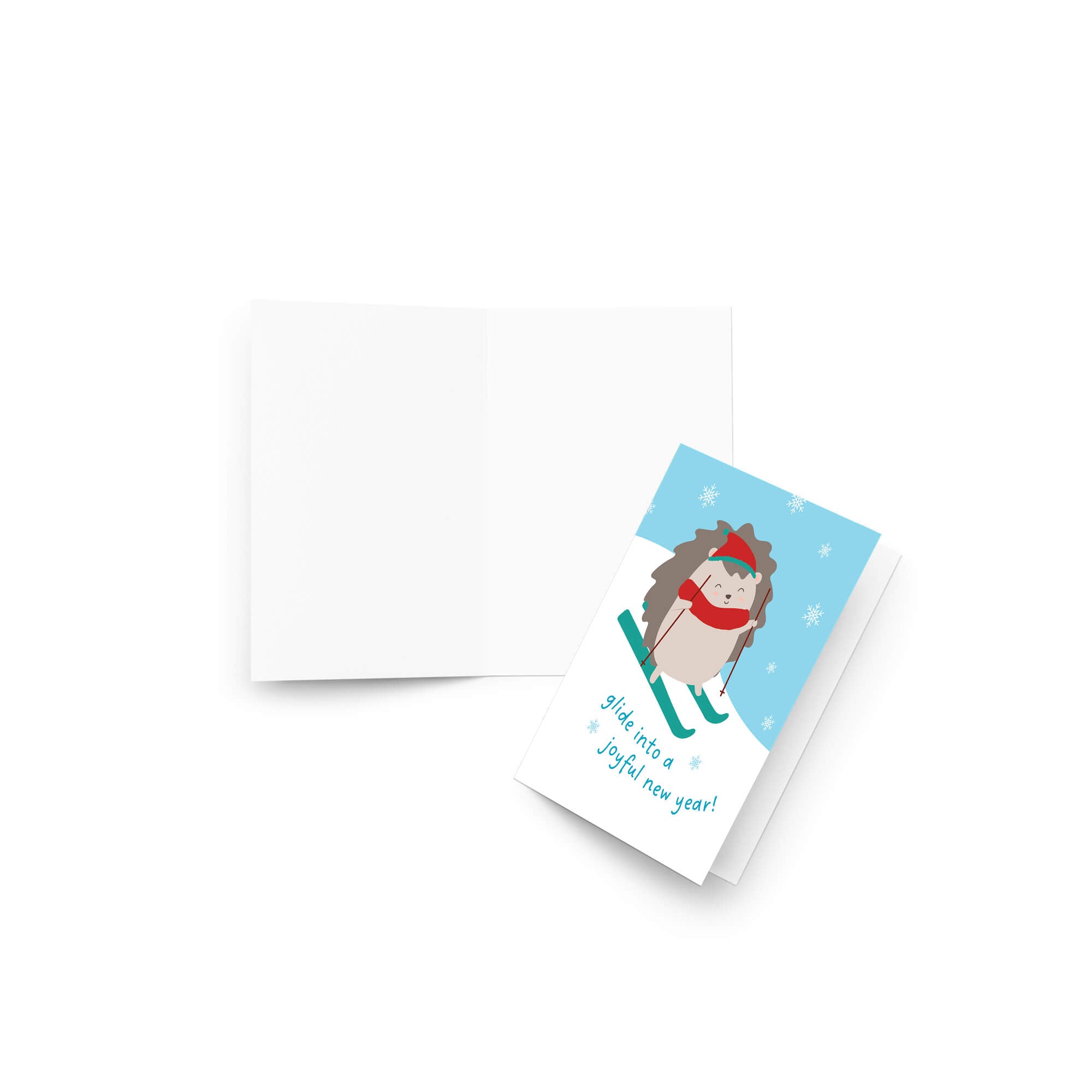 cute unique christmas Greeting card with a hedgehog skiing and text 'glide into a joyful new year!' on a snowy background.