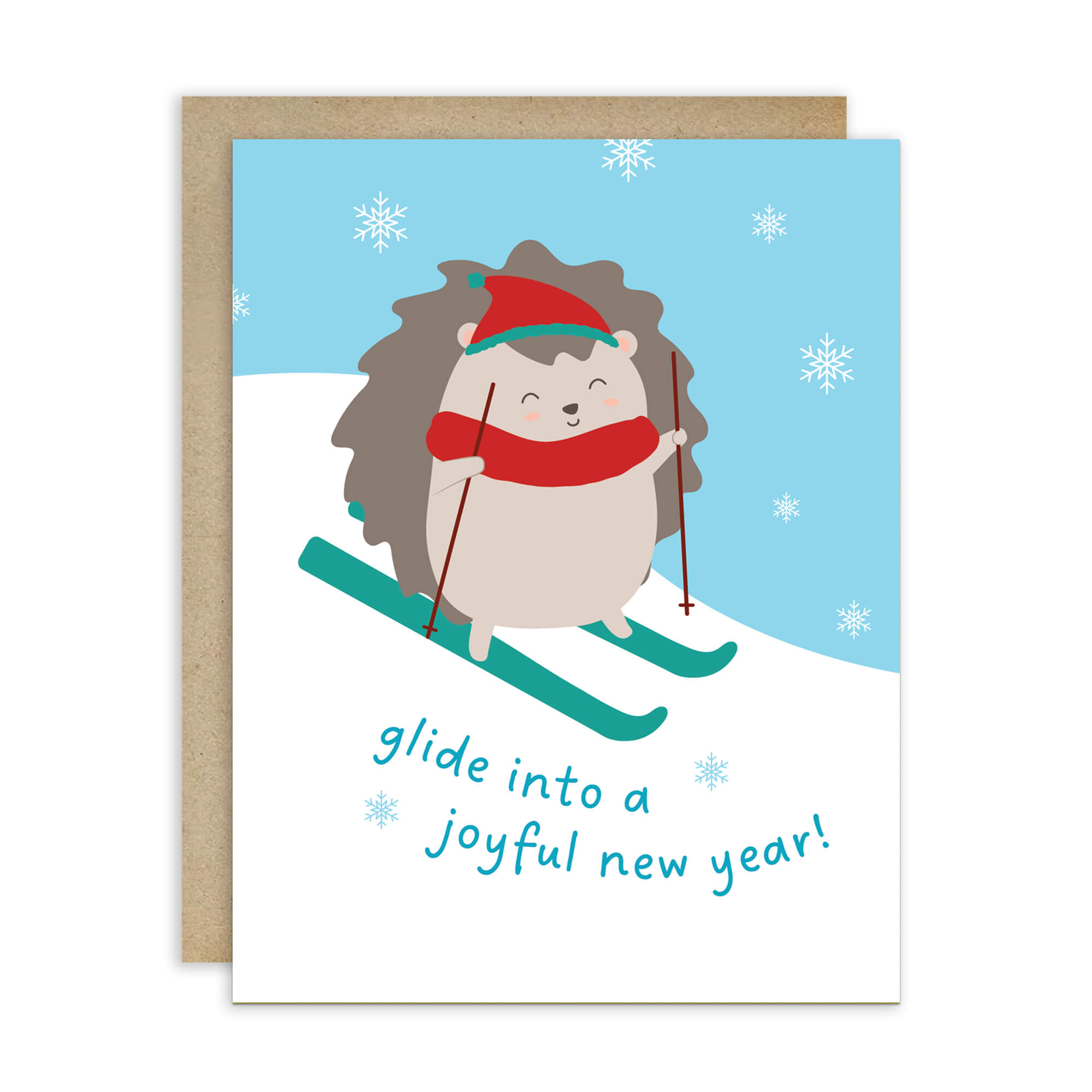 cute unique christmas Greeting card with a hedgehog skiing and text 'glide into a joyful new year!' on a snowy background.
