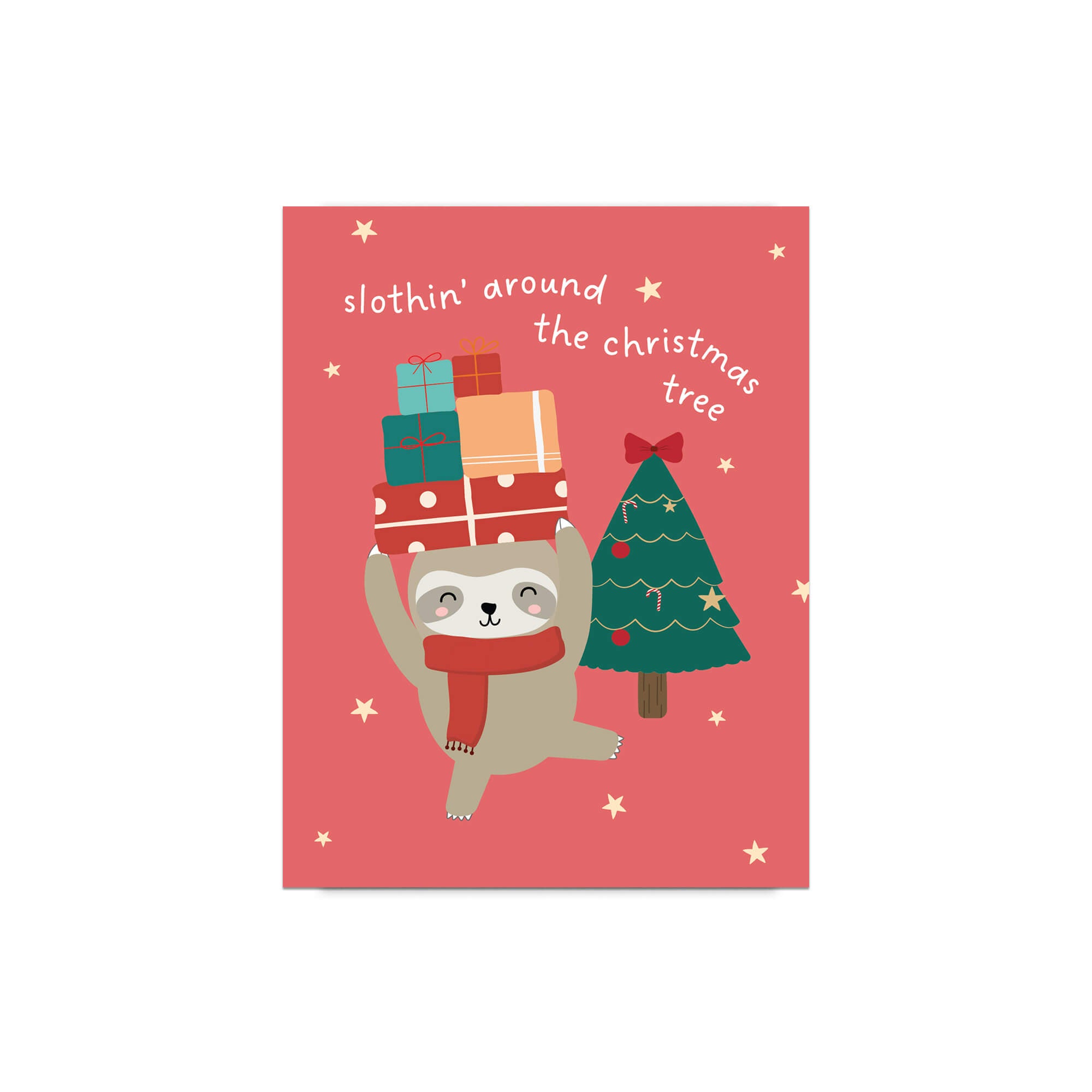 unique Christmas card with a sloth carrying presents and a holiday tree on a red background with text "slothin' around the christmas tree"