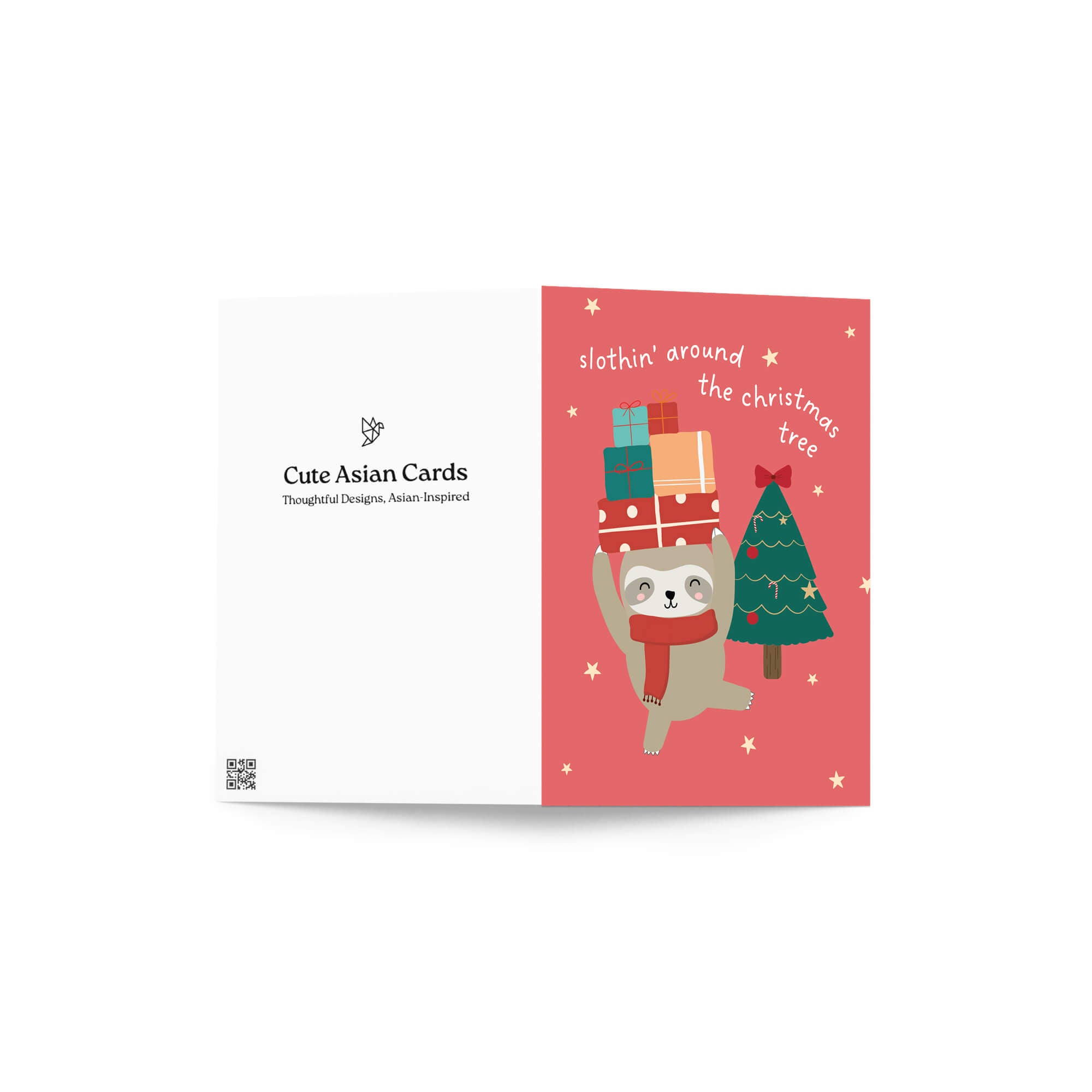 unique Christmas card with a sloth carrying presents and a holiday tree on a red background with text "slothin' around the christmas tree"