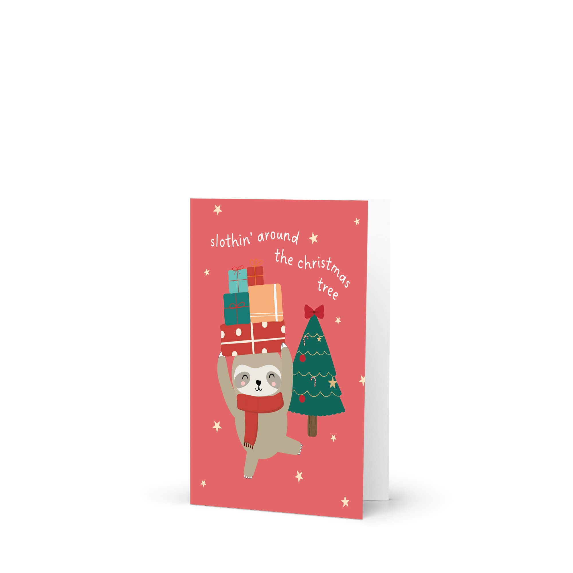 unique Christmas card with a sloth carrying presents and a holiday tree on a red background with text "slothin' around the christmas tree"