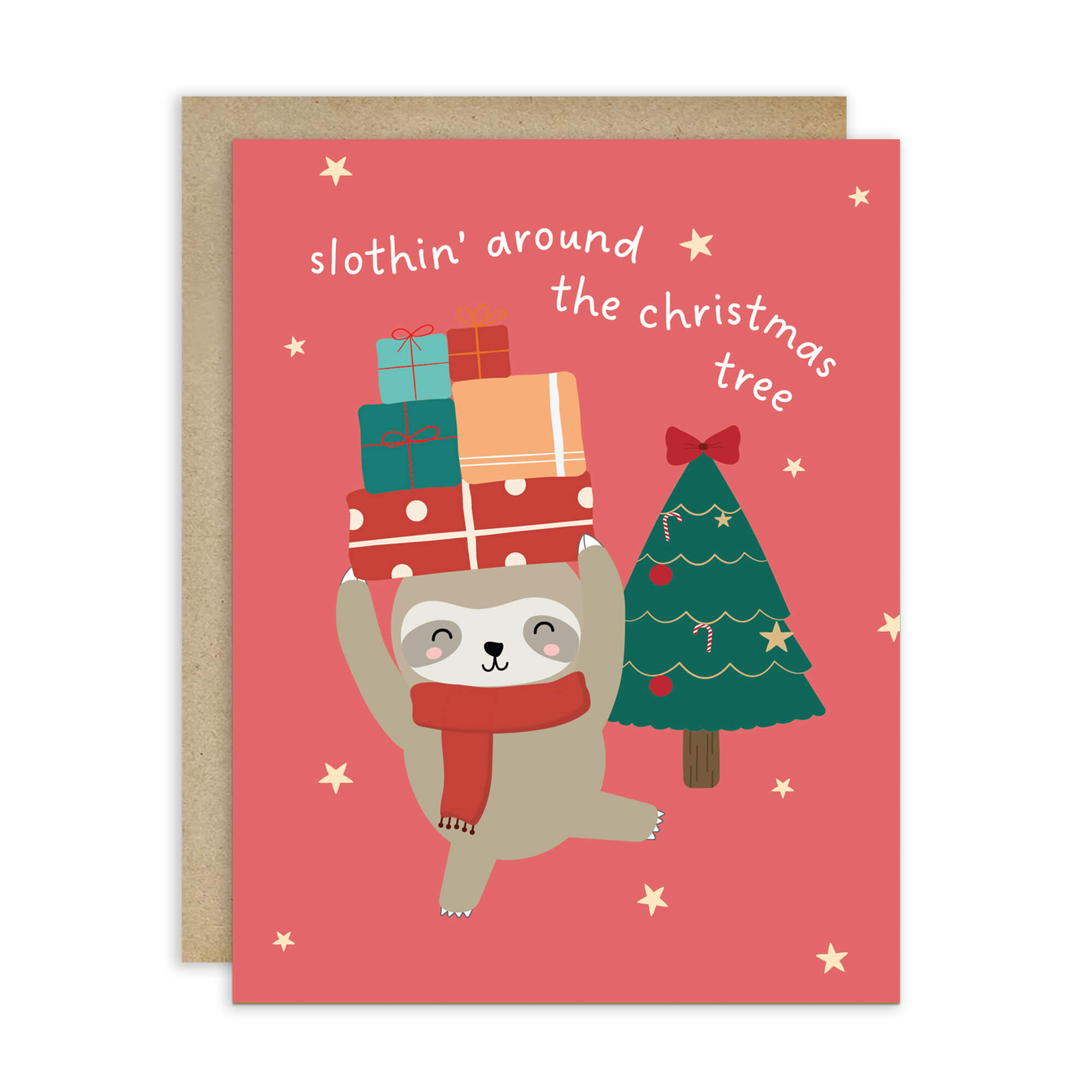unique Christmas card with a sloth carrying presents and a holiday tree on a red background with text "slothin' around the christmas tree"