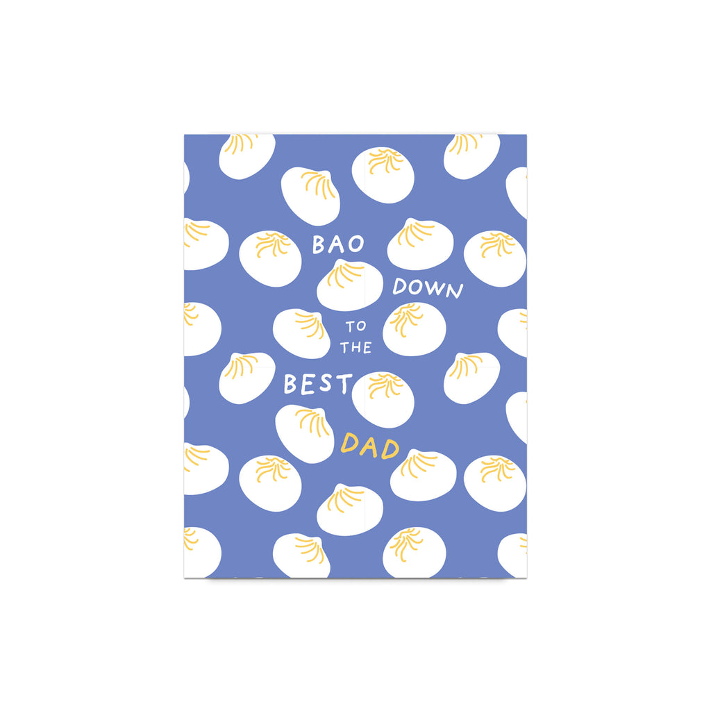 funny father's day card with white dumplings pattern and text "bao down to the best dad" pun on a blue background