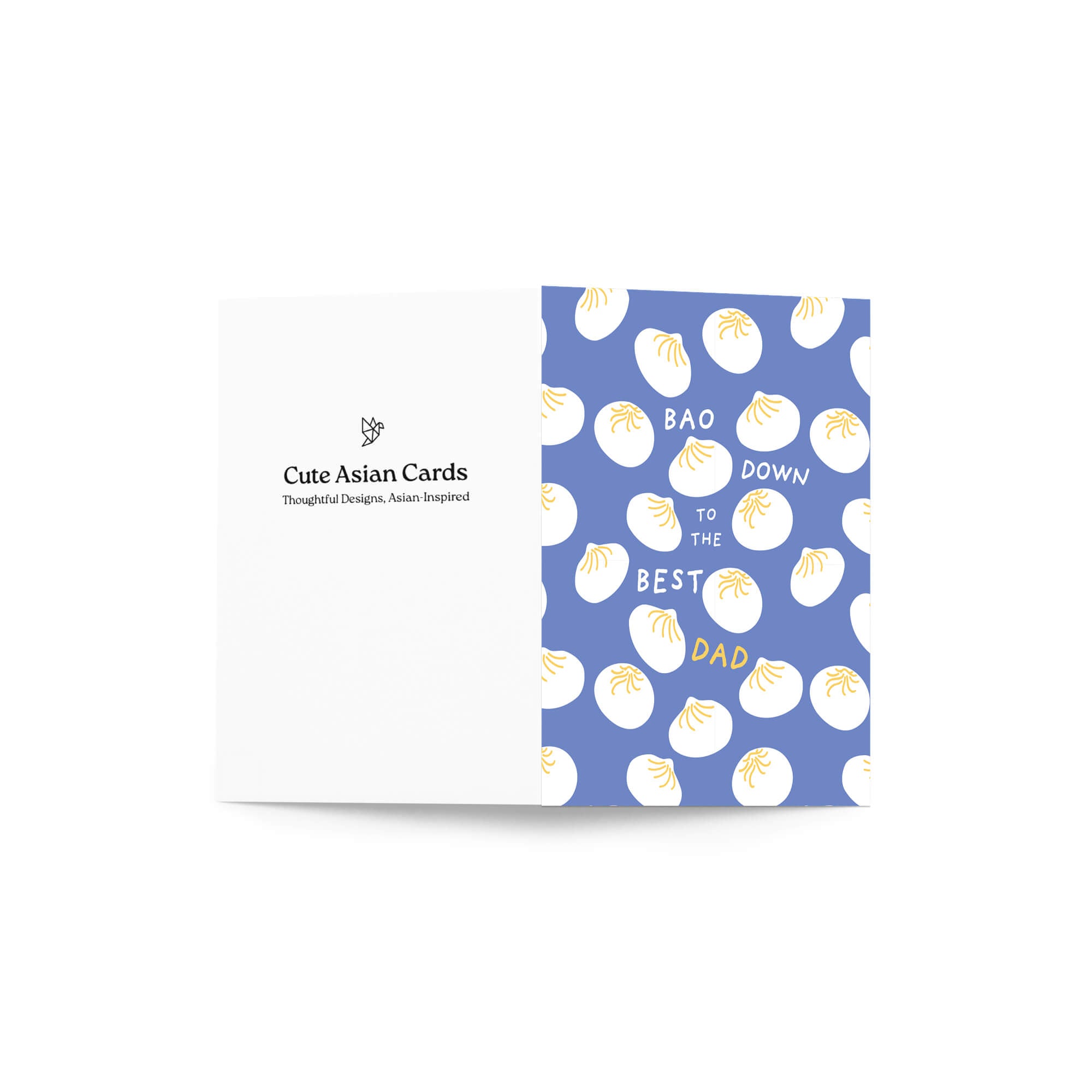 funny father's day card with white dumplings pattern and text "bao down to the best dad" pun on a blue background