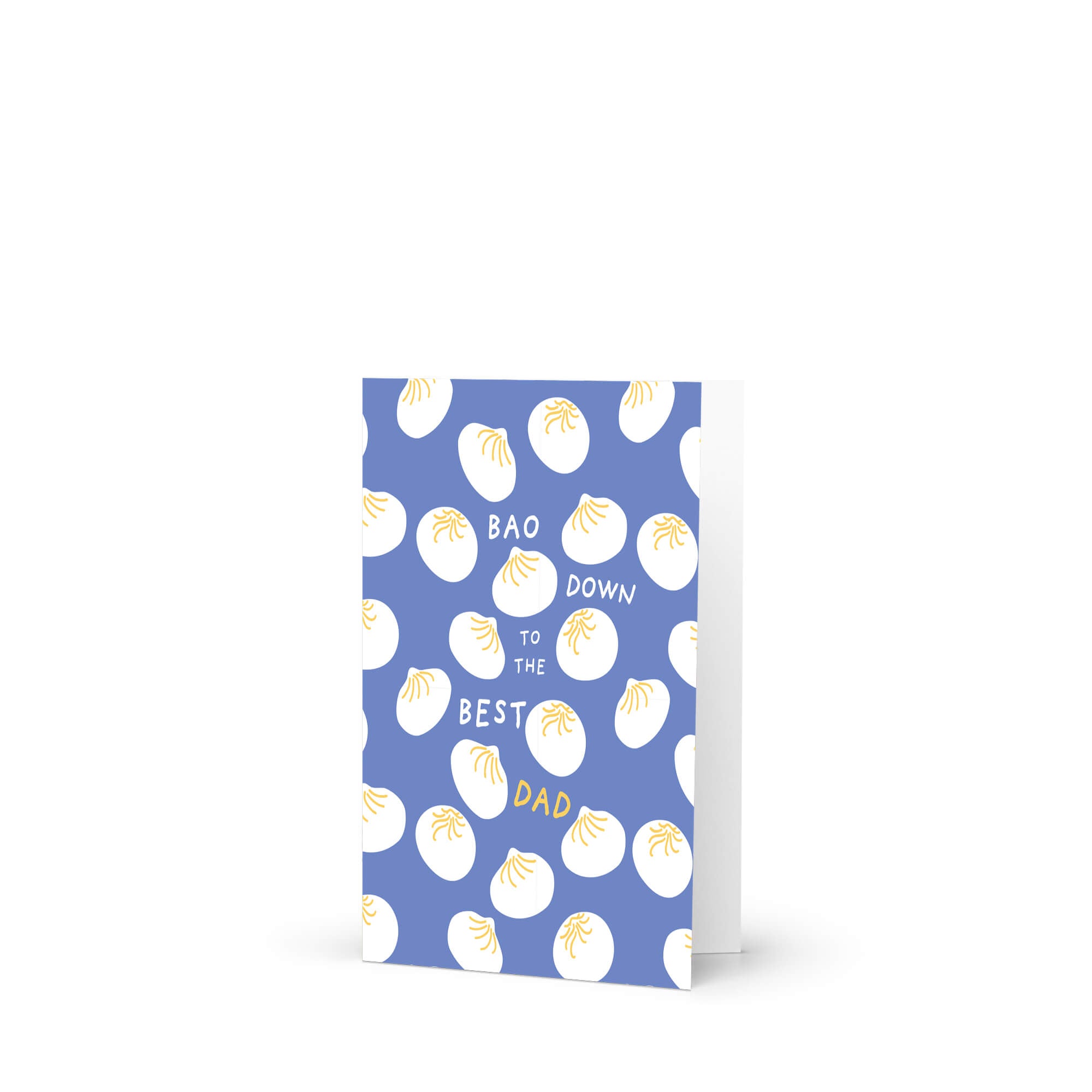 funny father's day card with white dumplings pattern and text "bao down to the best dad" pun on a blue background