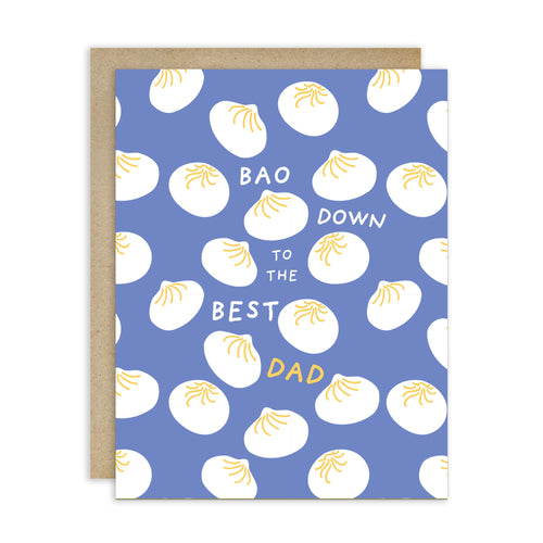 funny father's day card with white dumplings pattern and text "bao down to the best dad" pun on a blue background