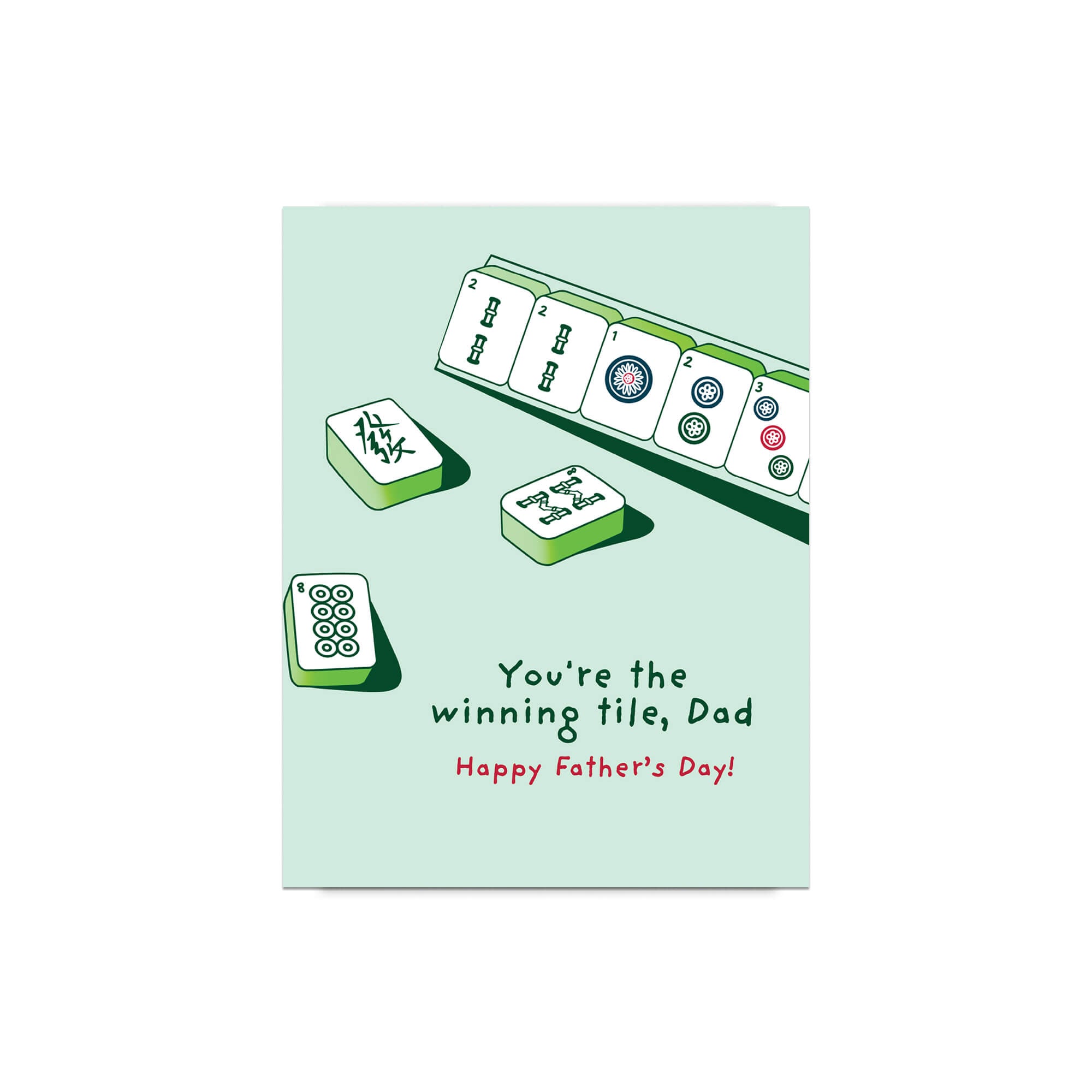 Father's Day card with Mahjong tiles and text "youre the winning tile dad" on a light green background