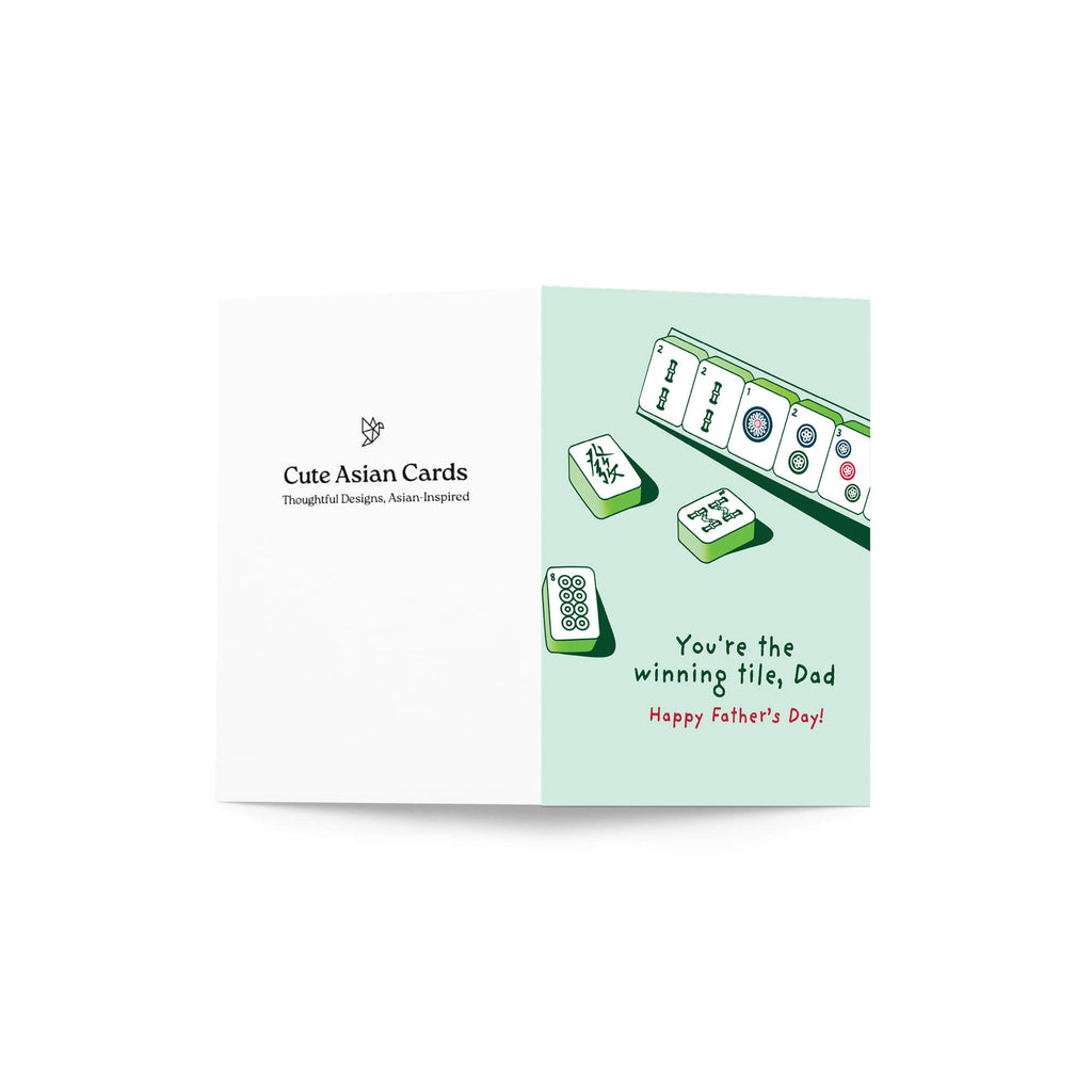 Father's Day card with Mahjong tiles and text "youre the winning tile dad" on a light green background