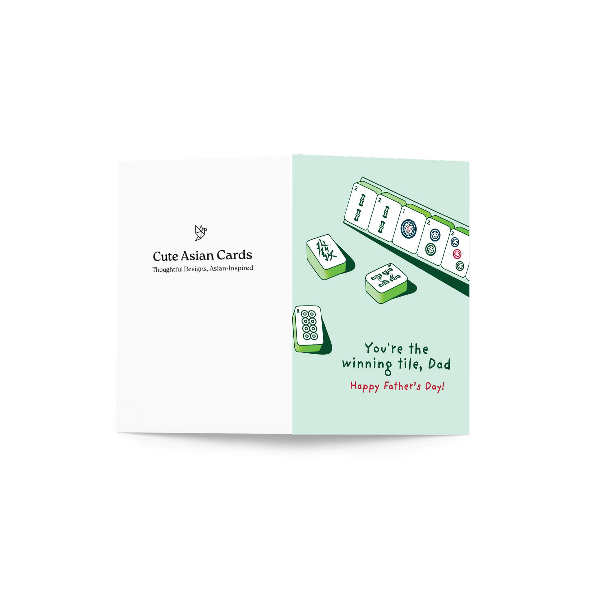 Father's Day card with Mahjong tiles and text "youre the winning tile dad" on a light green background