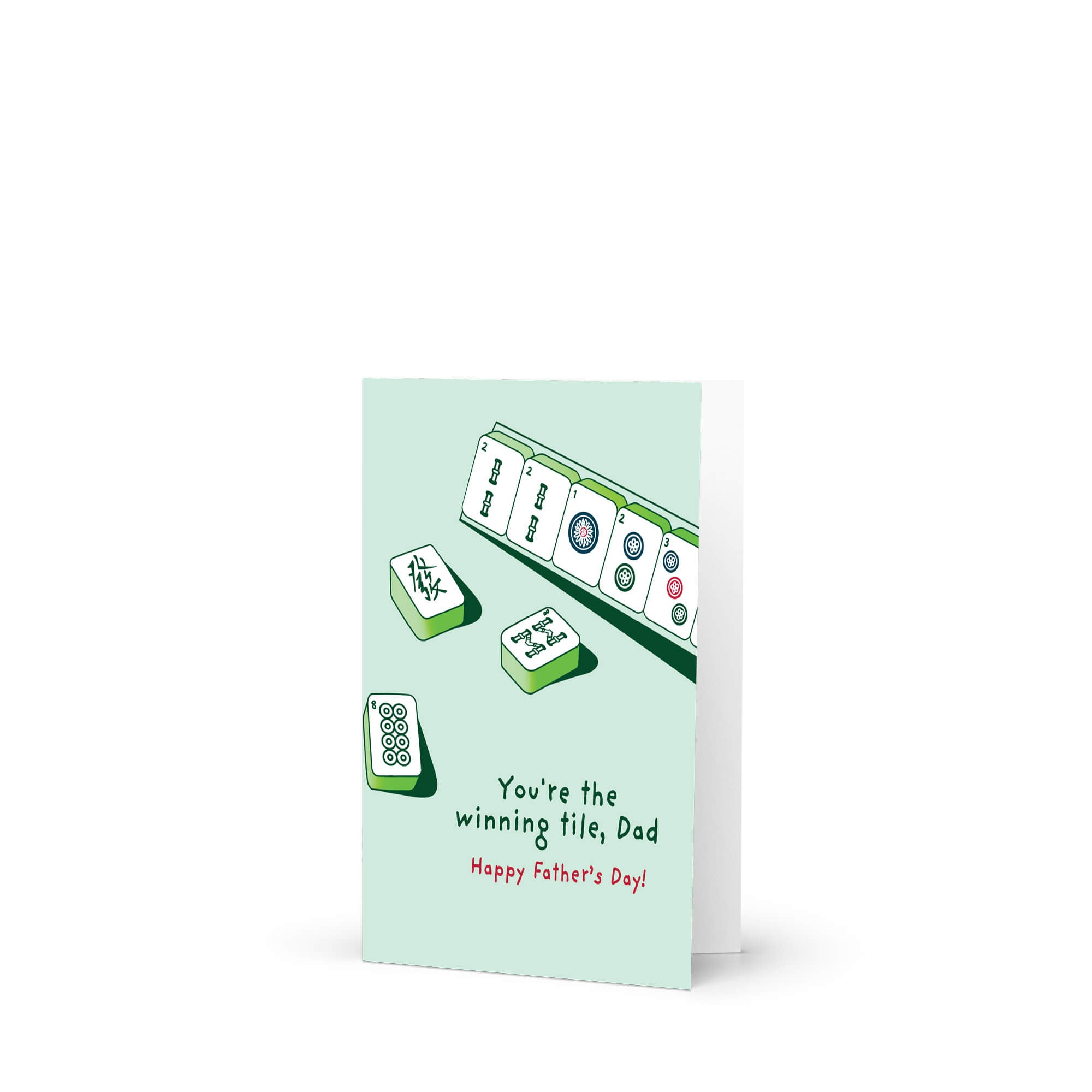 Father's Day card with Mahjong tiles and text "youre the winning tile dad" on a light green background