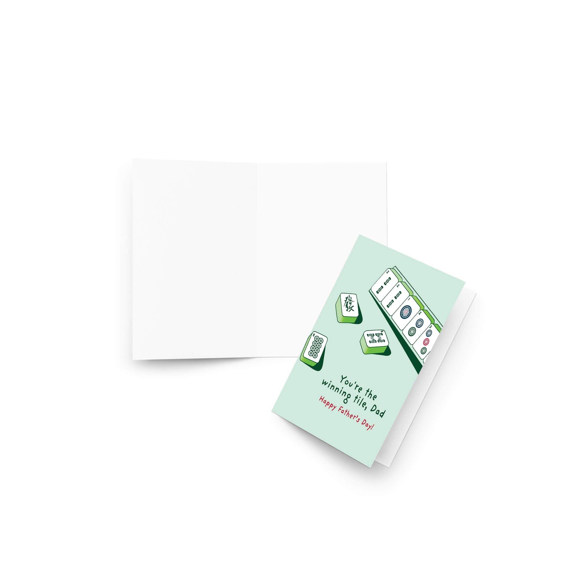 Father's Day card with Mahjong tiles and text "youre the winning tile dad" on a light green background