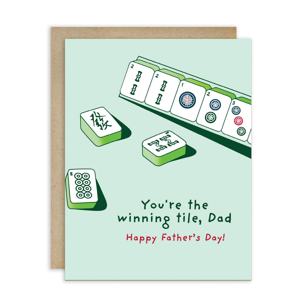 Father's Day card with Mahjong tiles and text "youre the winning tile dad" on a light green background