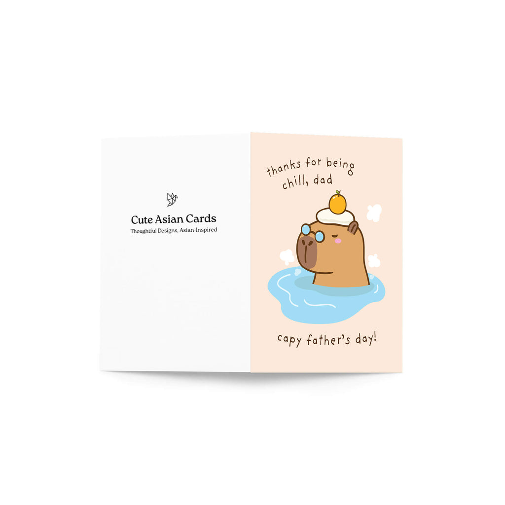 funny Father's Day card with a cute capybara animal in water and text 'thanks for being chill, dad capy father's day!' on a beige background.