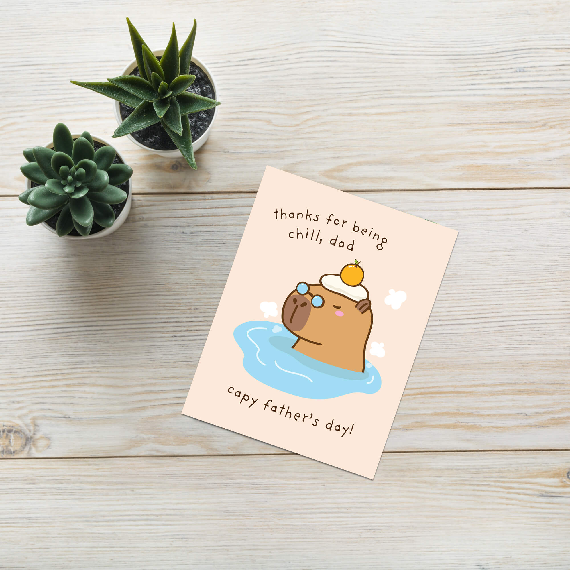 funny Father's Day card with a cute capybara animal in water and text 'thanks for being chill, dad capy father's day!' on a beige background.