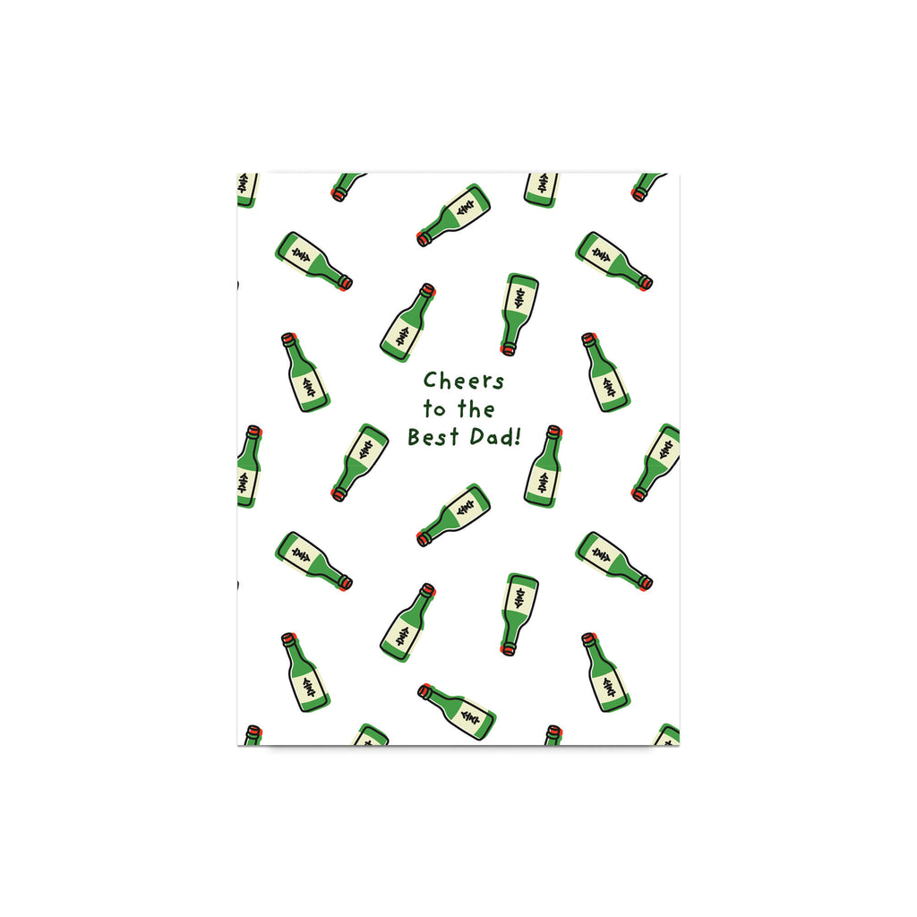 Greeting card with green korean soju alcohol bottle illustrations and 'Cheers to the Best Dad!' text.