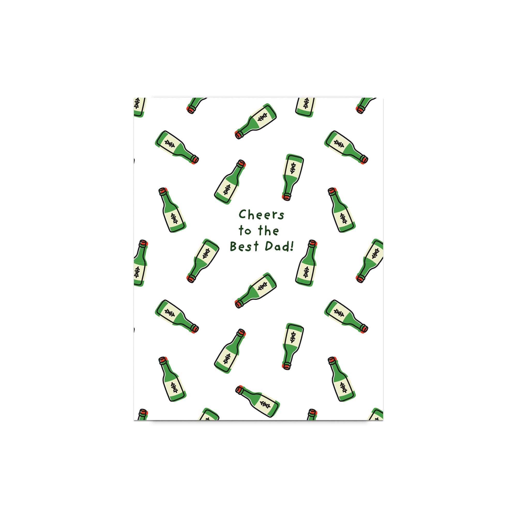 Greeting card with green korean soju alcohol bottle illustrations and 'Cheers to the Best Dad!' text.