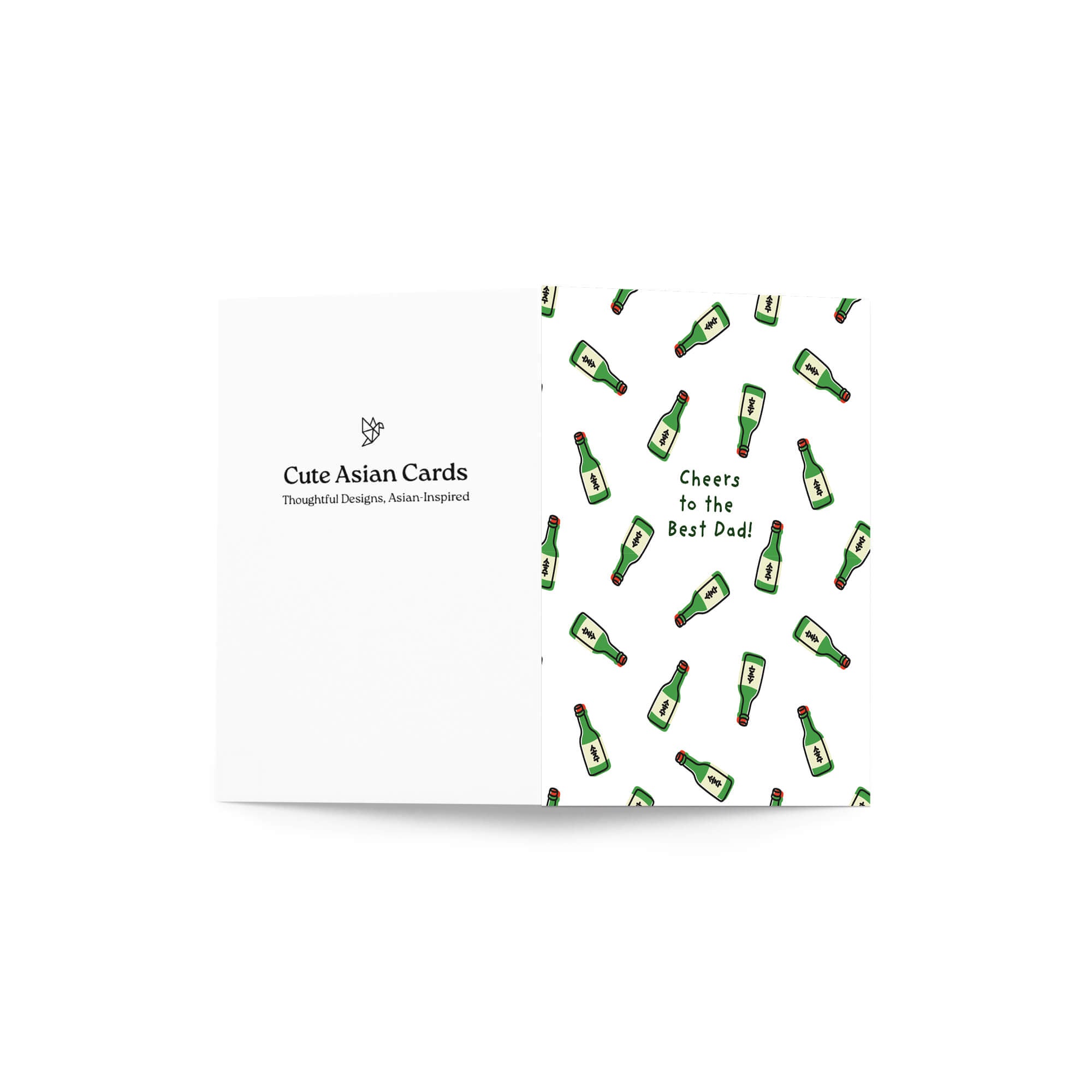 Greeting card with green korean soju alcohol bottle illustrations and 'Cheers to the Best Dad!' text.