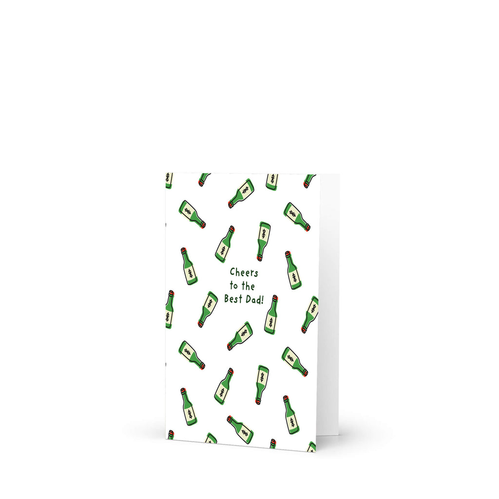 father's day card with green korean soju alcohol bottle illustrations and 'Cheers to the Best Dad!' text.