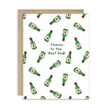 Greeting card with green korean soju alcohol bottle illustrations and 'Cheers to the Best Dad!' text.