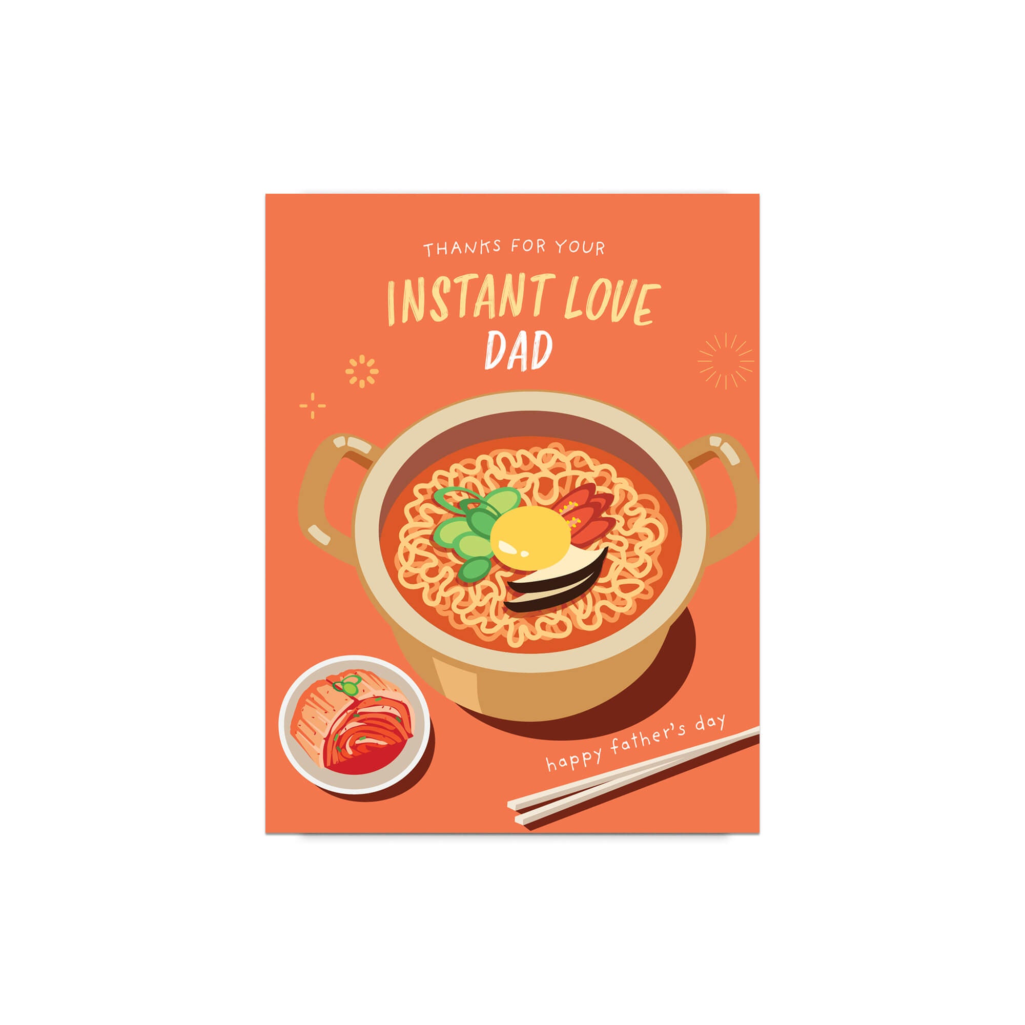 funny father's day card with a pot of korean instant noodles and text 'Thanks for your instant love dad' on an orange background.
