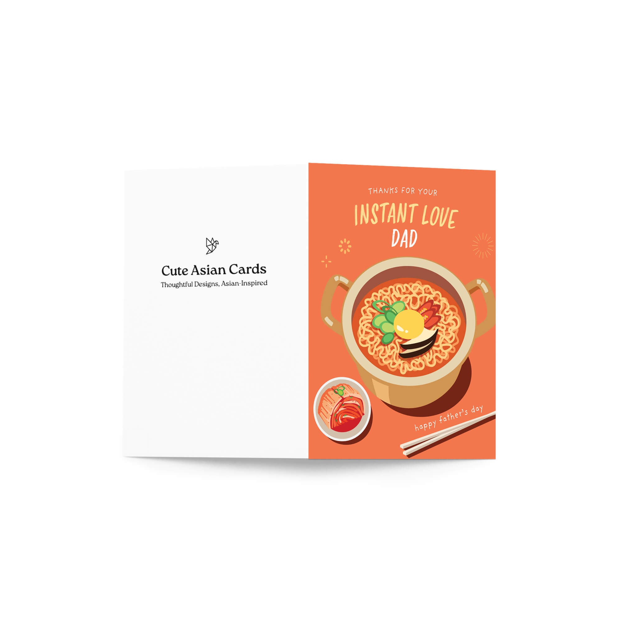 funny father's day card with a pot of korean instant noodles and text 'Thanks for your instant love dad' on an orange background.