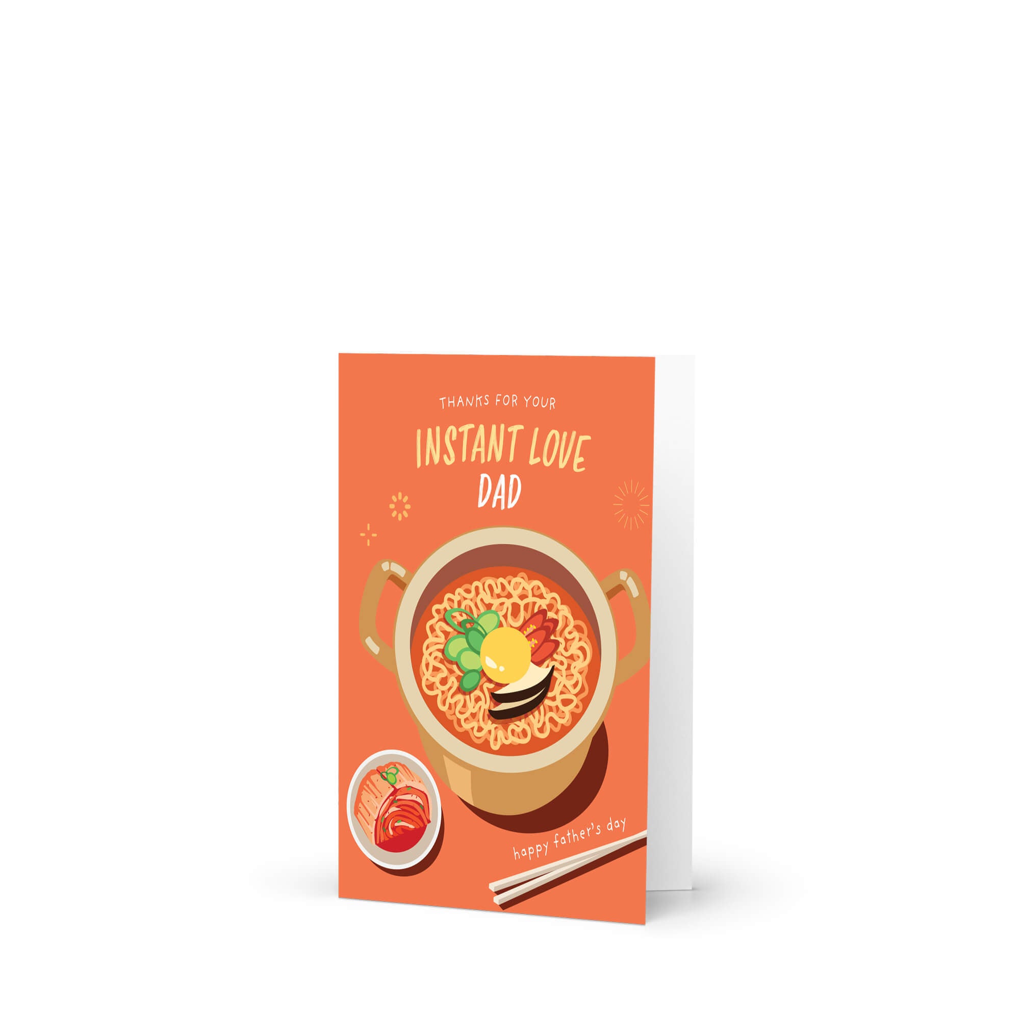 funny father's day card with a pot of korean instant noodles and text 'Thanks for your instant love dad' on an orange background.