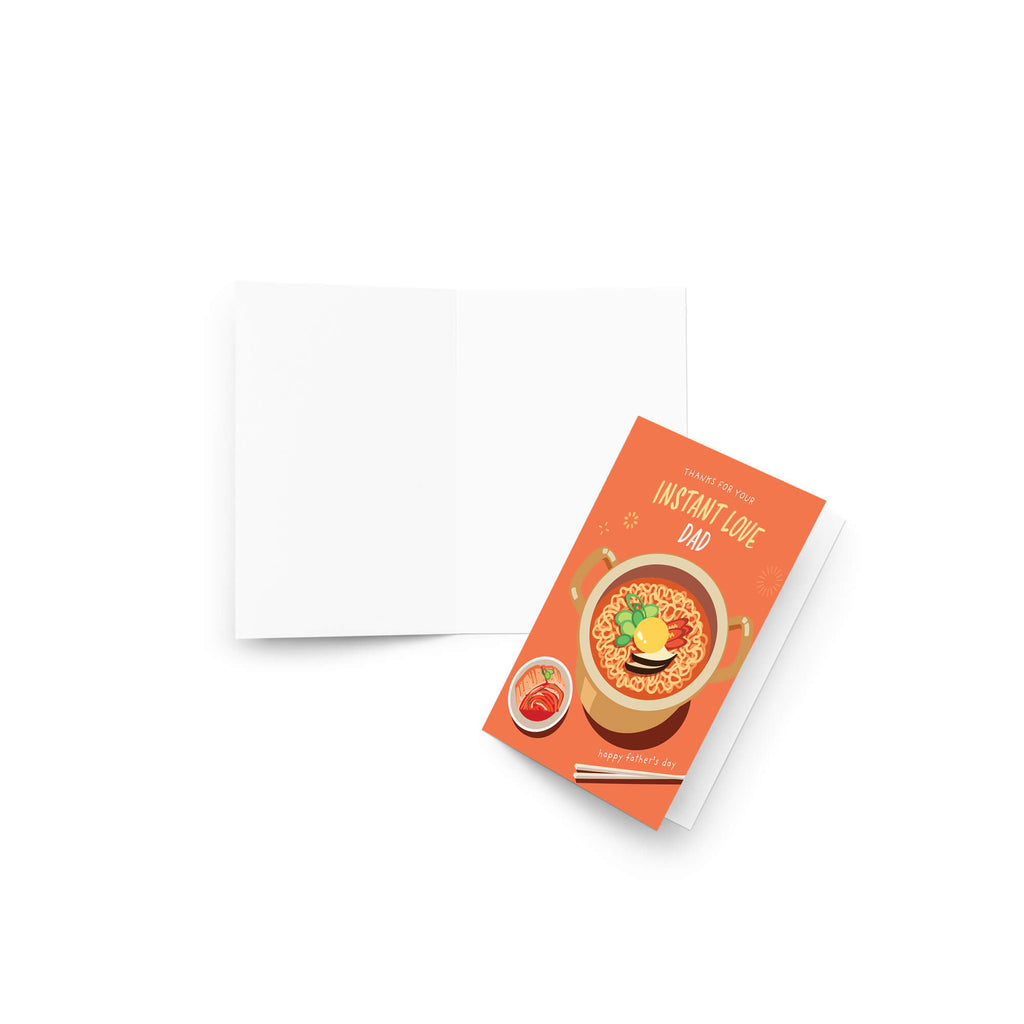 funny father's day card with a pot of korean instant noodles and text 'Thanks for your instant love dad' on an orange background.
