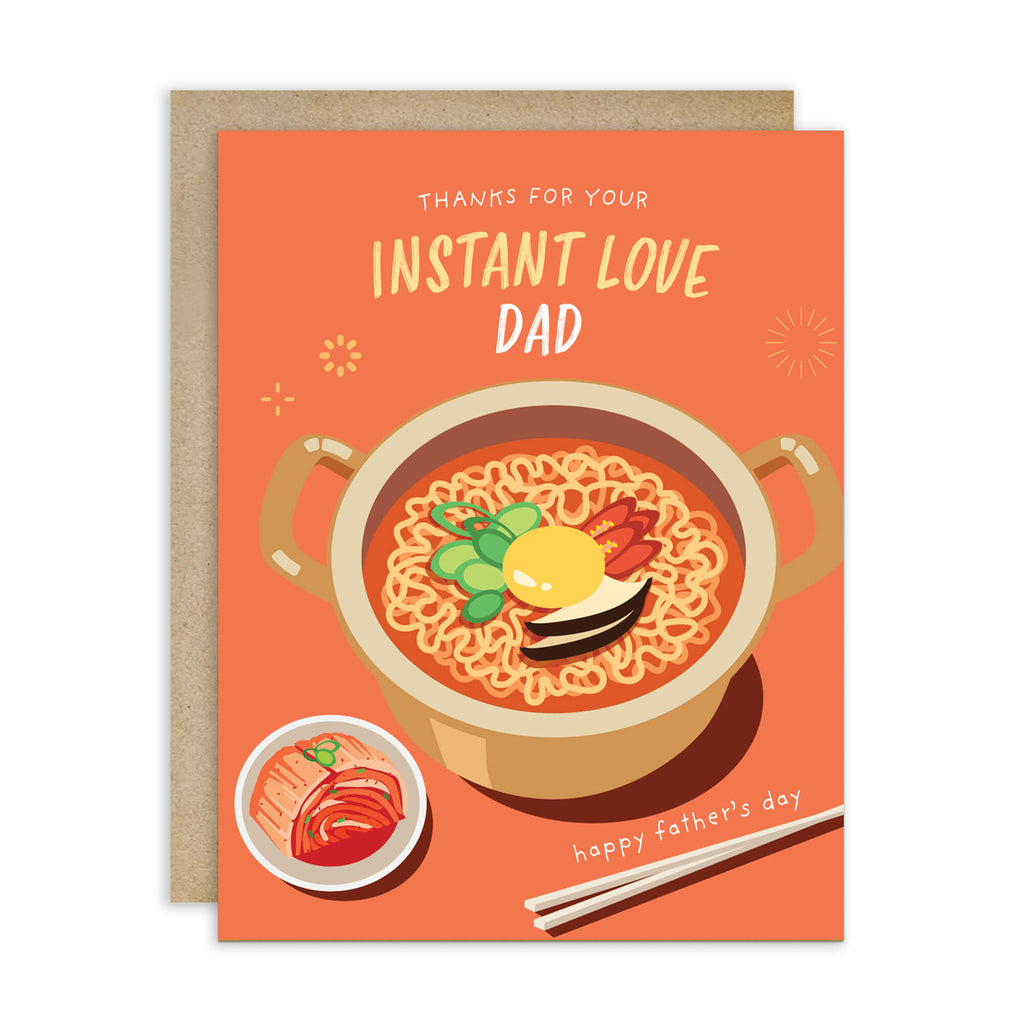 funny father's day card with a pot of korean instant noodles and text 'Thanks for your instant love dad' on an orange background.