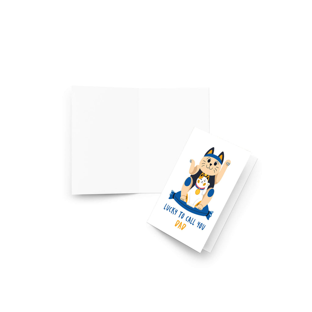 cute father's day card with japanese maneki neko lucky cat design and text 'Lucky to call you Dad' on a white background.