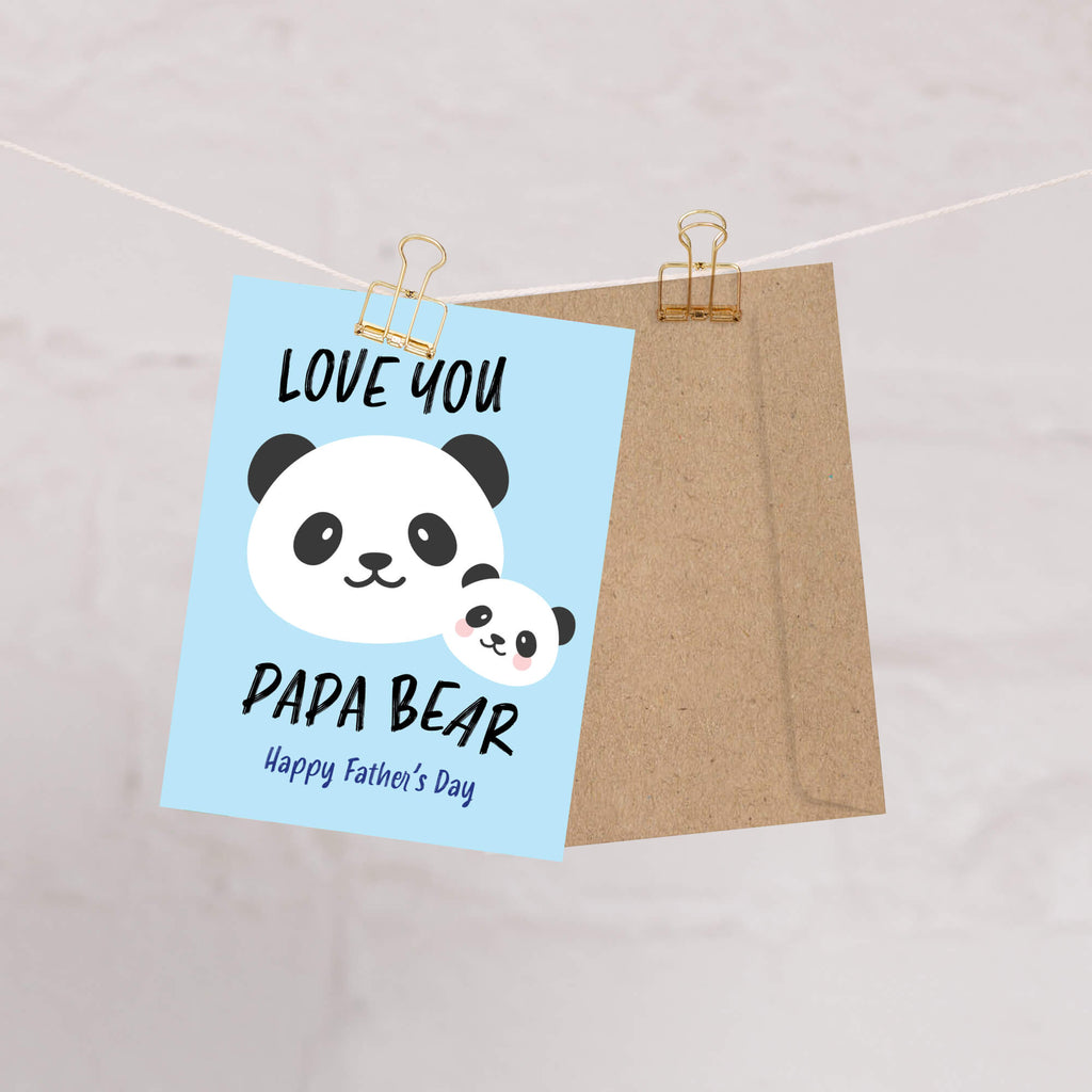 cute Father's Day card with panda bear animal illustration and funny text "you love papa bear" on a light blue background