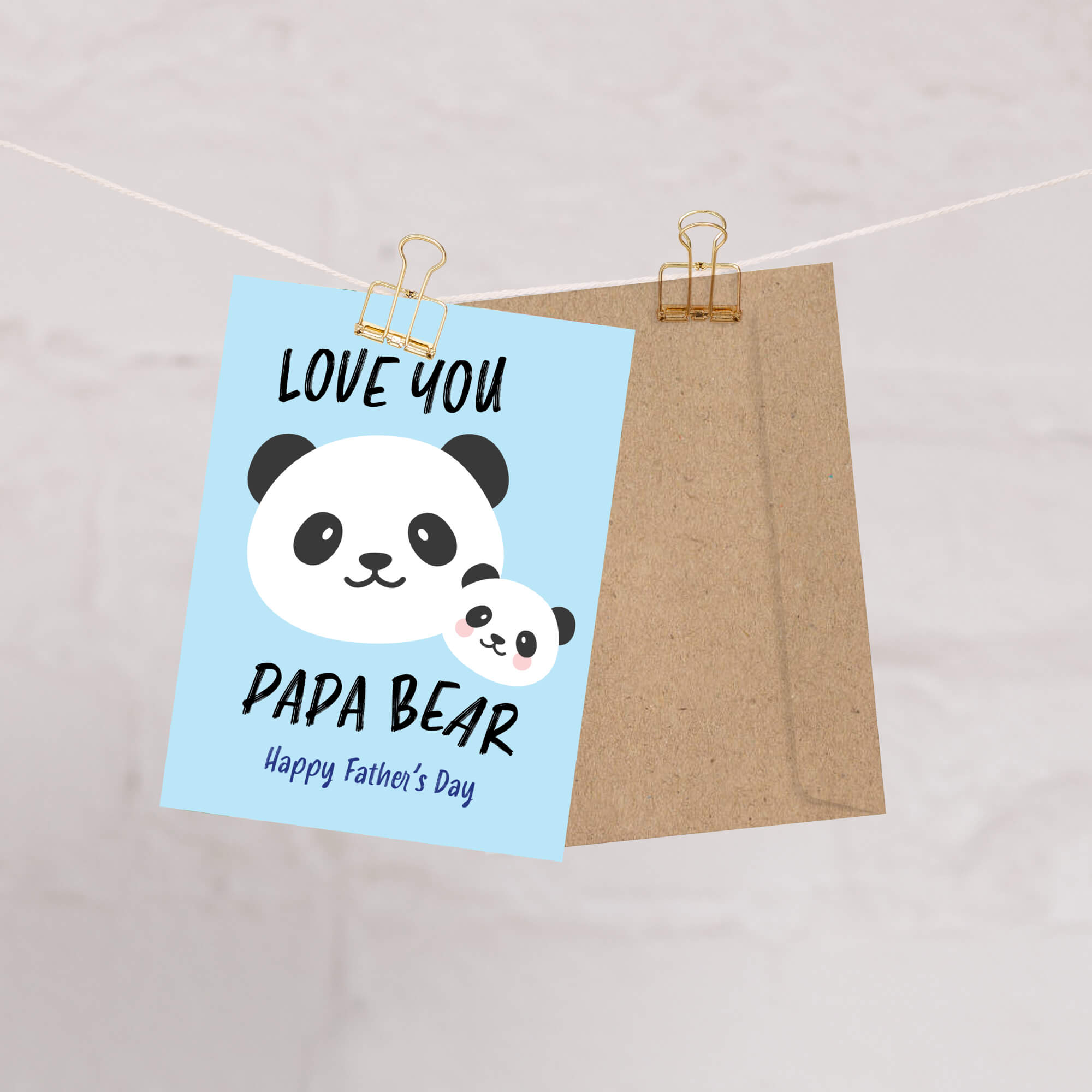 cute Father's Day card with panda bear animal illustration and funny text "you love papa bear" on a light blue background