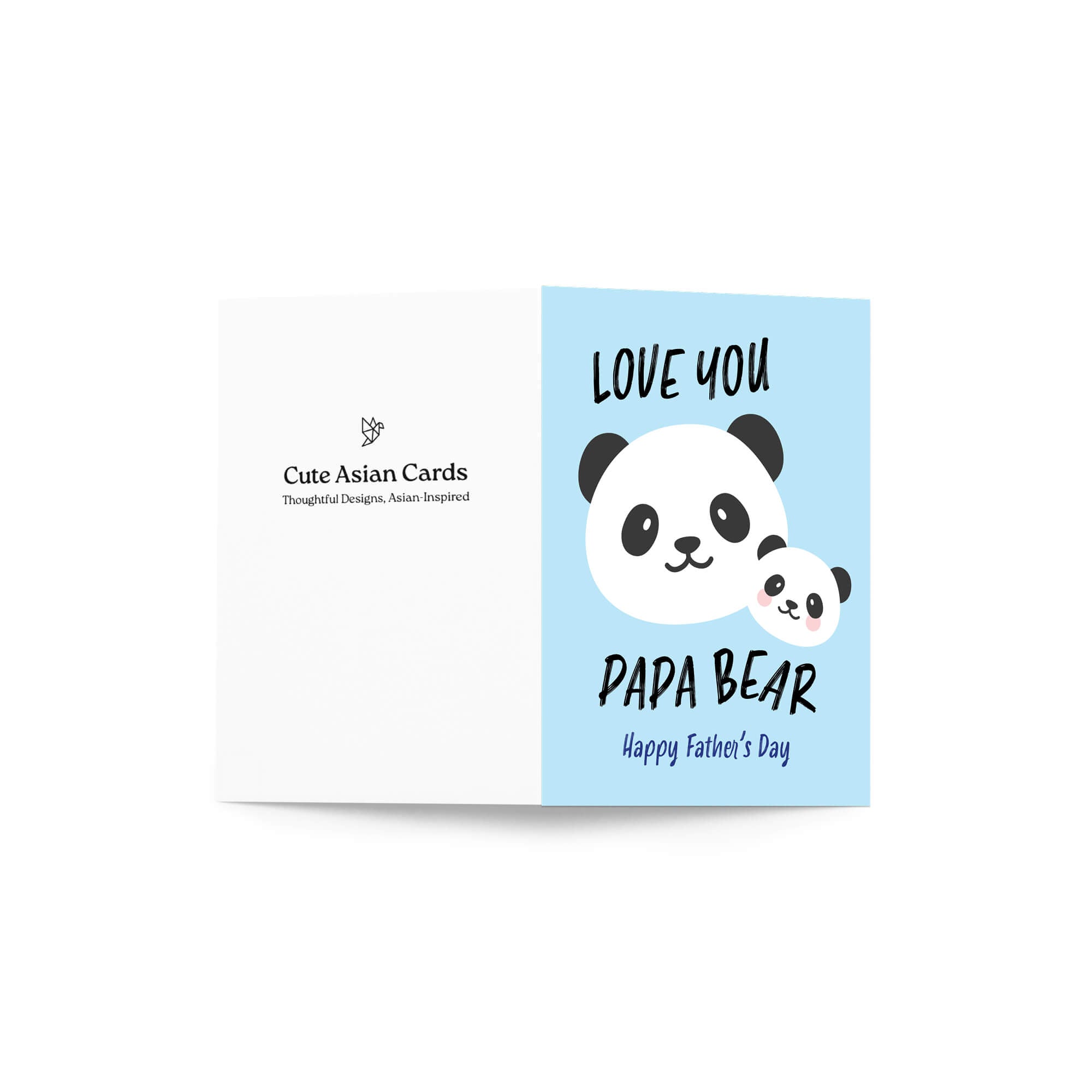 cute Father's Day card with panda bear animal illustration and funny text "you love papa bear" on a light blue background