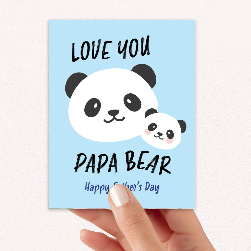 cute Father's Day card with panda bear animal illustration and funny text "you love papa bear" on a light blue background